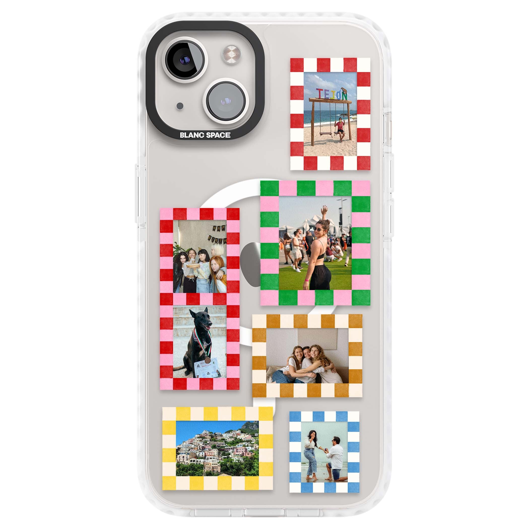 Italian Check Frames custom photo collage iPhone case featuring six checkered photo frames in red, green, pink and  | Impact Magsafe case for iPhone 13, iPhone 14, iPhone 15