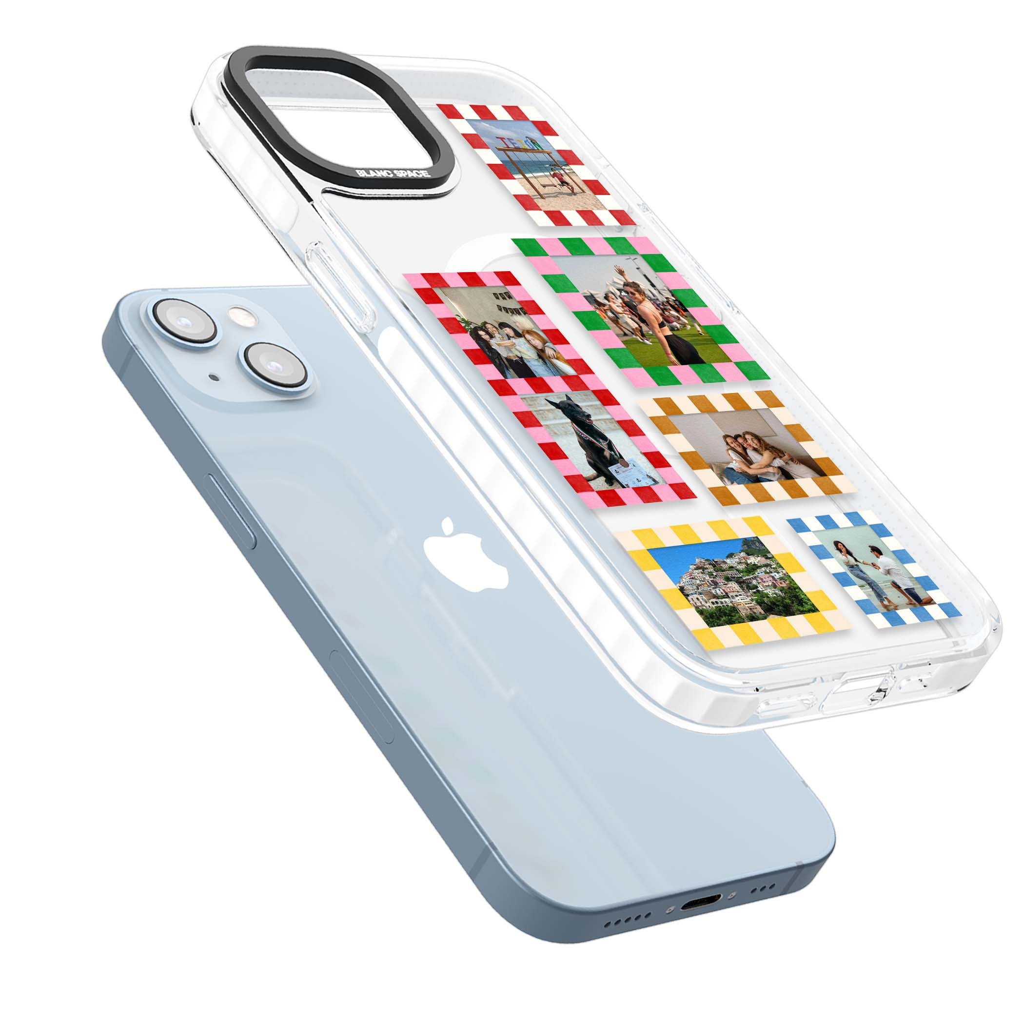 Italian Check Frames custom photo collage iPhone case featuring six checkered photo frames in red, green, pink and  | Impact Magsafe case for iPhone 13, iPhone 14, iPhone 15