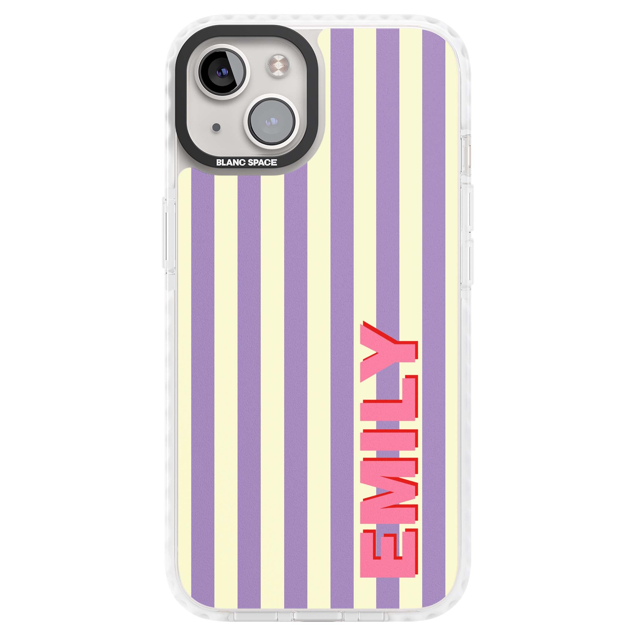 Valensole Stripe personalised iPhone case with purple and cream vertical stripes and pink custom name | Impact Magsafe case for iPhone 13, iPhone 14, iPhone 15