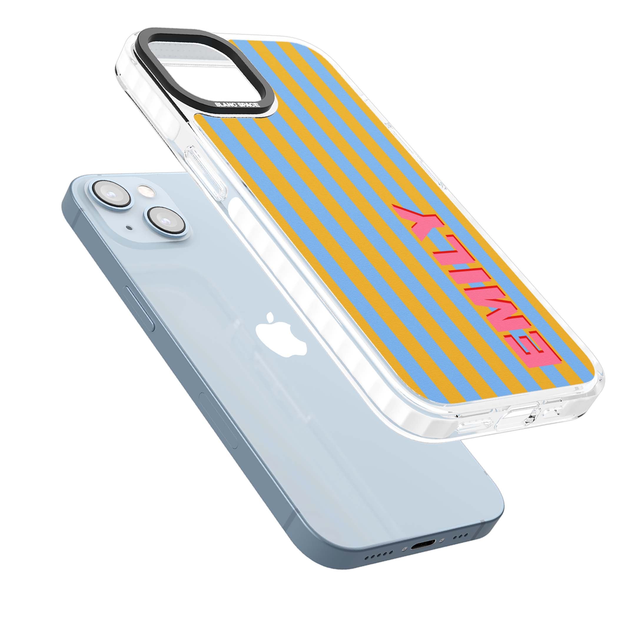 Carribean Stripe personalised coastal iPhone case with yellow and blue vertical stripes and a custom pink name | Impact Magsafe case for iPhone 13, iPhone 14, iPhone 15