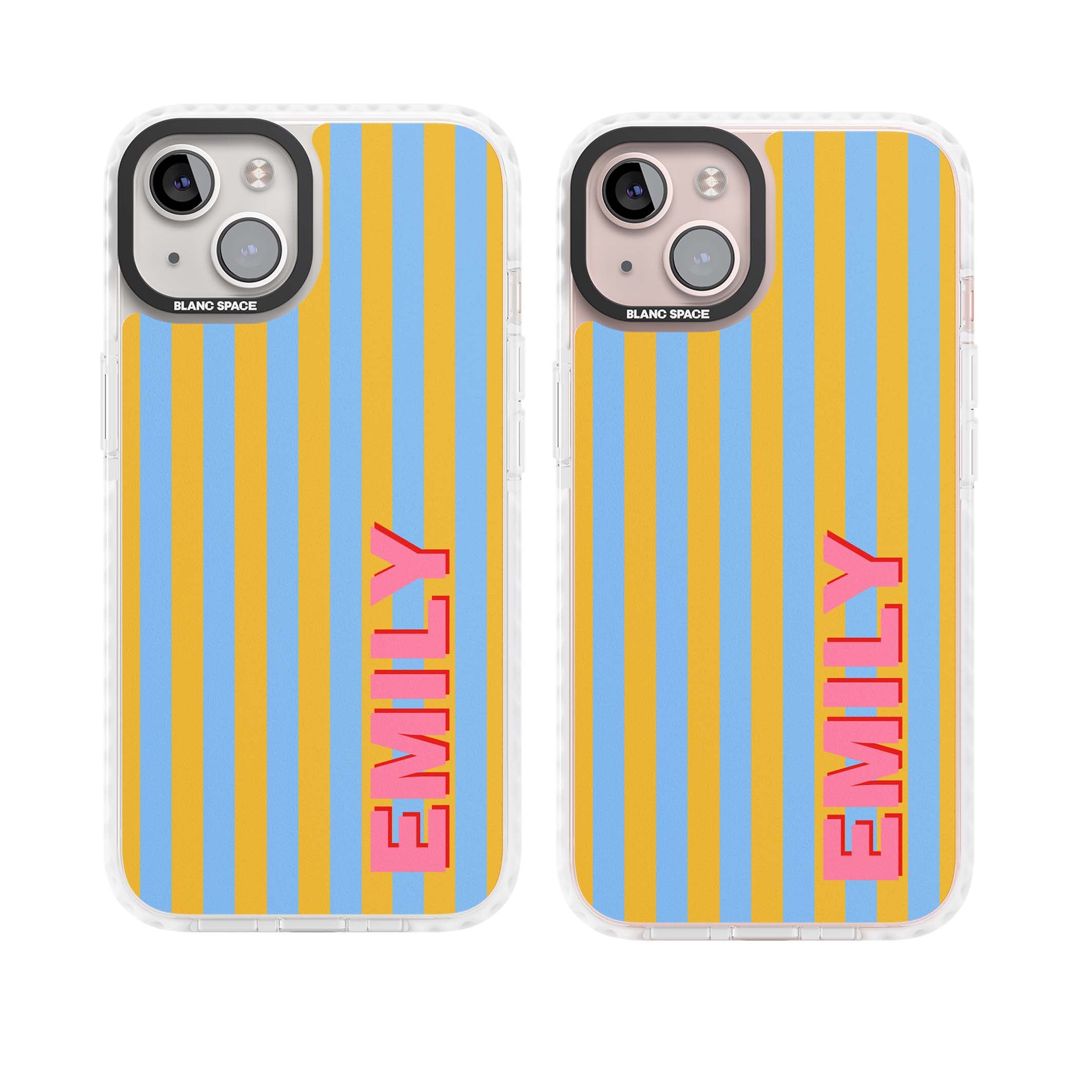 Carribean Stripe personalised coastal iPhone case with yellow and blue vertical stripes and a custom pink name | Impact Magsafe case for iPhone 13, iPhone 14, iPhone 15