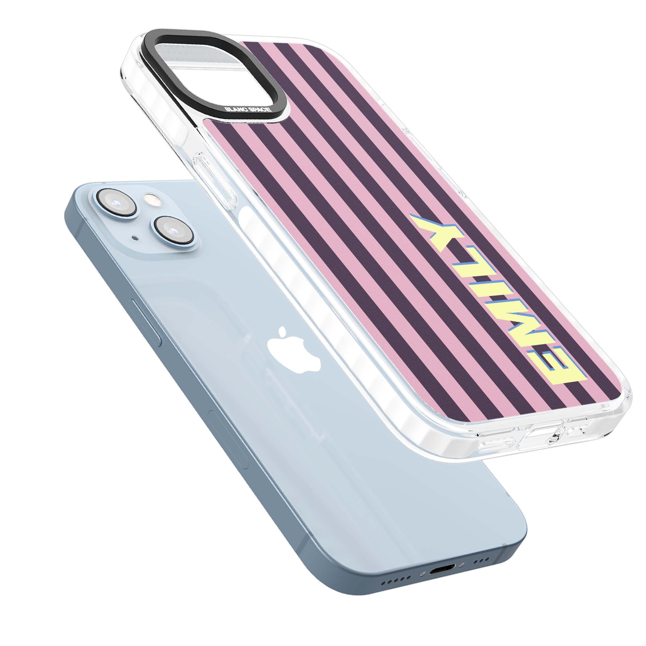 Tyre Stripe personalised stripe iPhone case with plum and pink vertical stripes and custom yellow name | Impact Magsafe case for iPhone 13, iPhone 14, iPhone 15