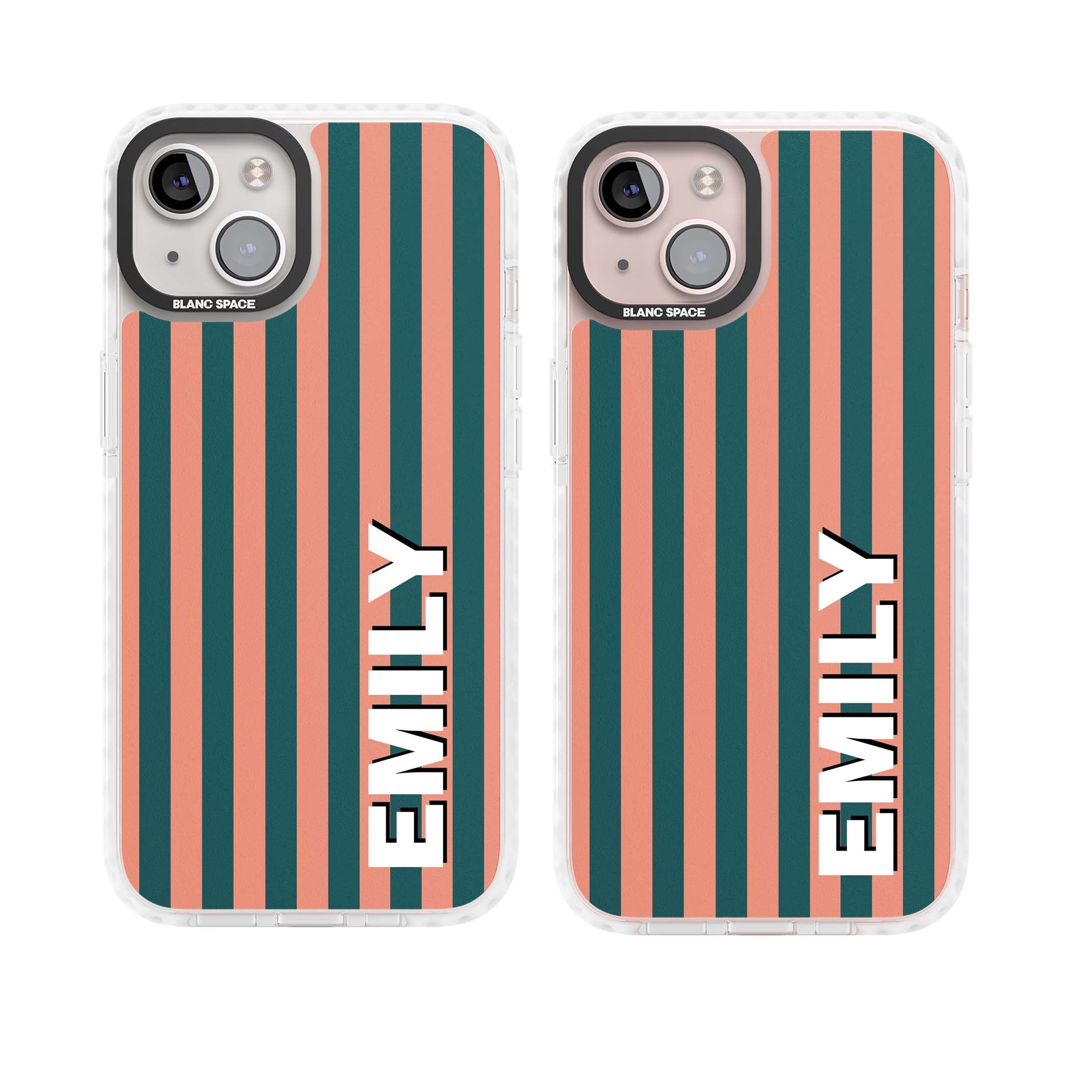 Tuscan Stripe personalised iPhone case featuring coral and green vertical stripes with bold custom name | Impact Magsafe case for iPhone 13, iPhone 14, iPhone 15