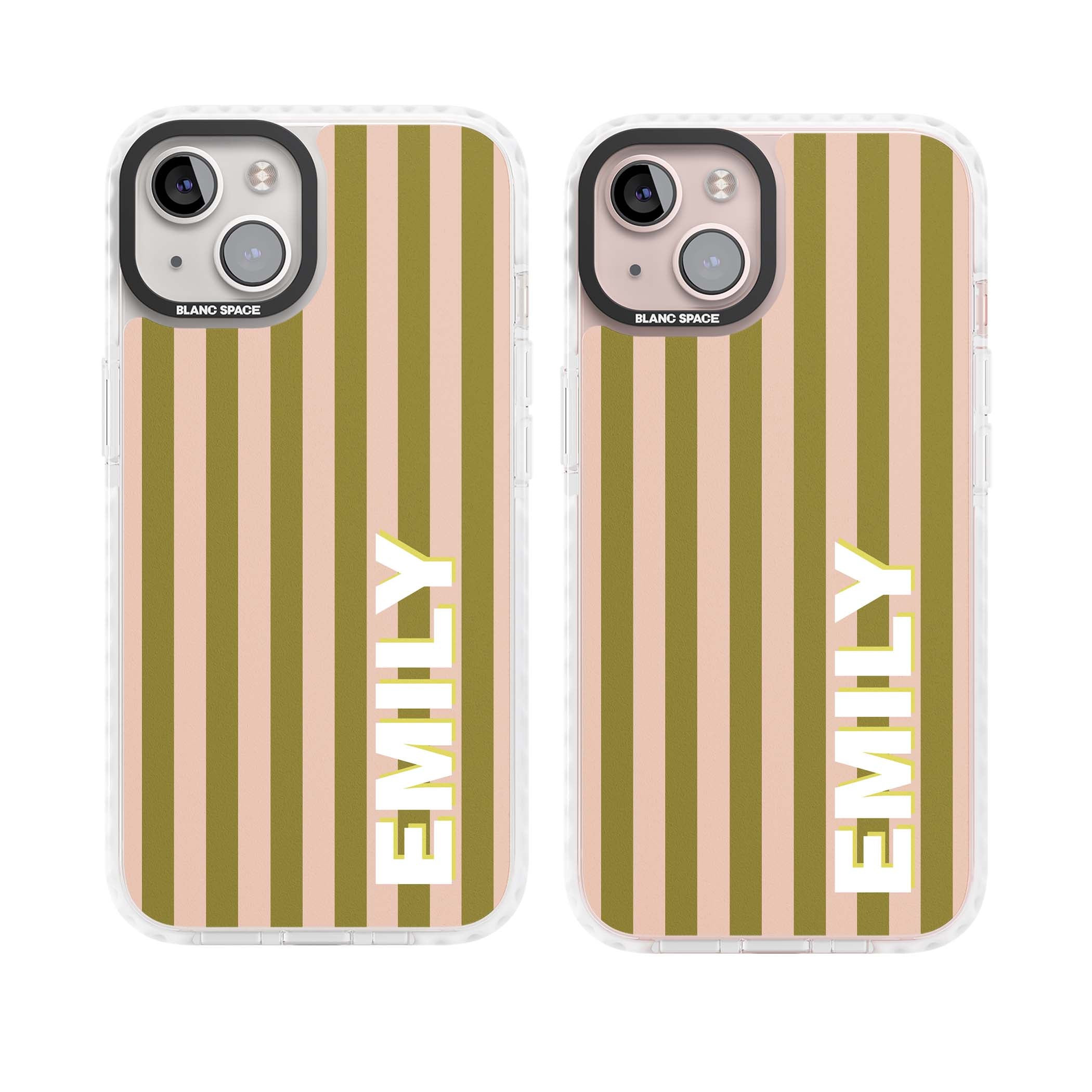Indian Stripe personalised iPhone case featuring olive green and blush pink vertical stripes with custom name in whit | Impact Magsafe case for iPhone 13, iPhone 14, iPhone 15