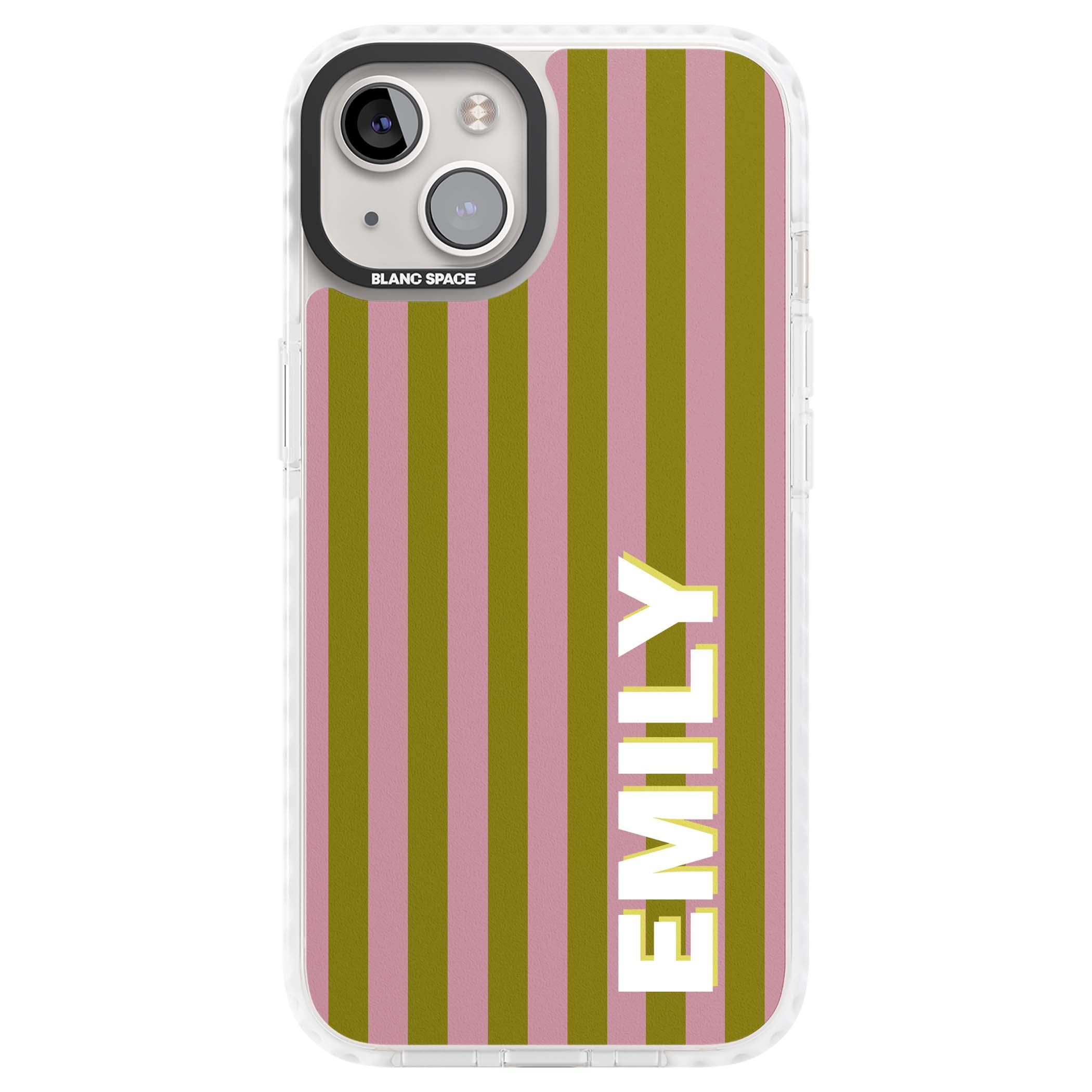 Istanbul Stripe personalised iPhone case featuring pink and olive green vertical stripes with a custom vertical name | Impact Magsafe case for iPhone 13, iPhone 14, iPhone 15