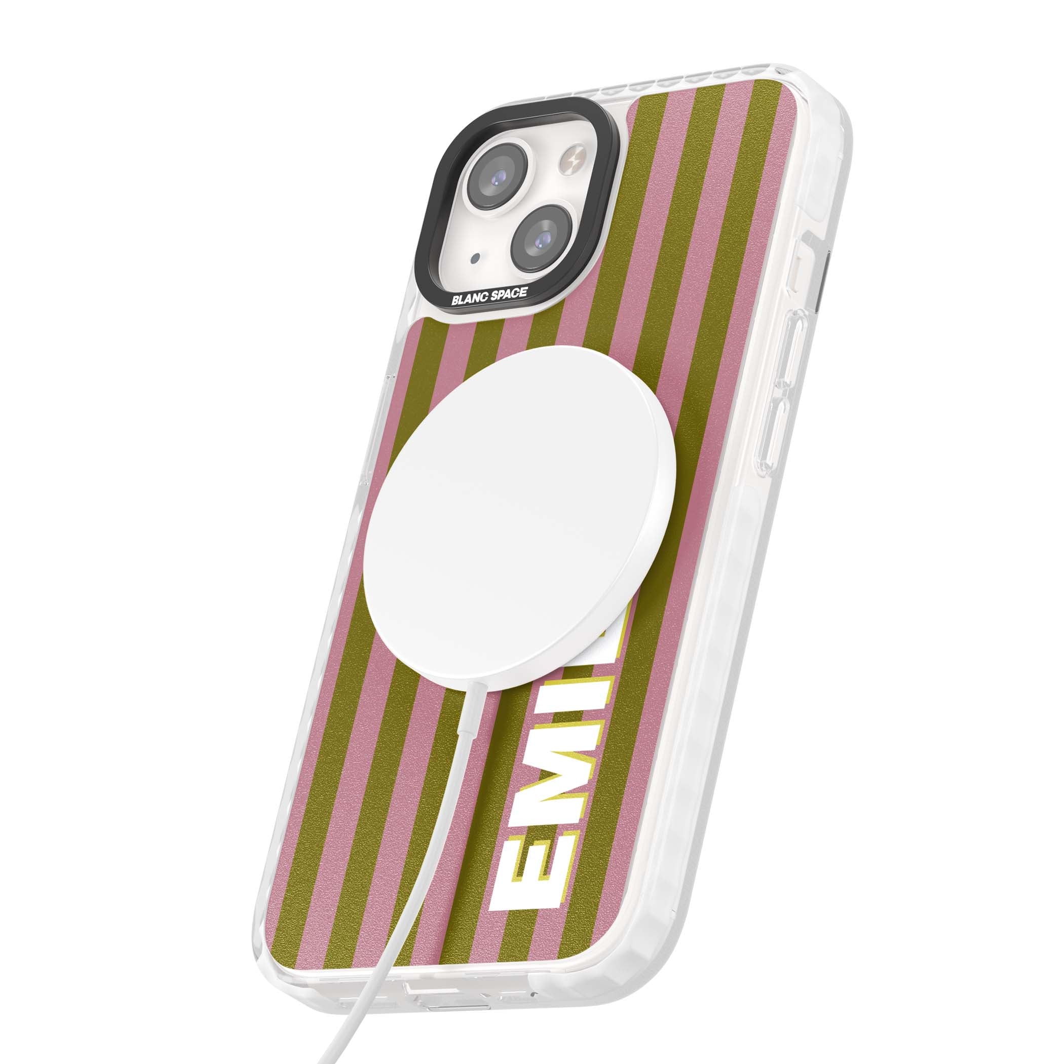 Istanbul Stripe personalised iPhone case featuring pink and olive green vertical stripes with a custom vertical name | Impact Magsafe case for iPhone 13, iPhone 14, iPhone 15