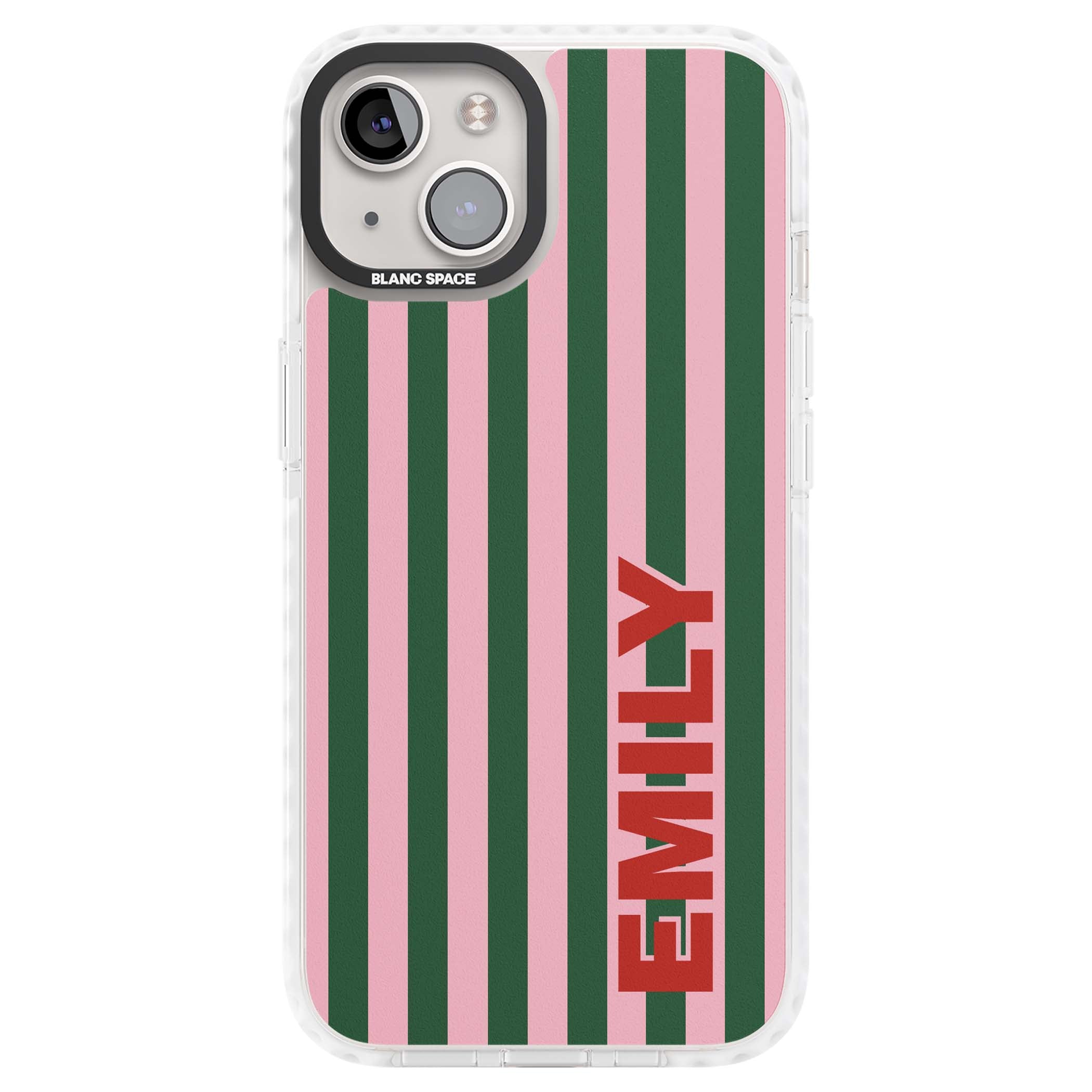 Italian Stripe preppy iPhone case featuring pink and green vertical stripes with personalised red name | Impact Magsafe case for iPhone 13, iPhone 14, iPhone 15