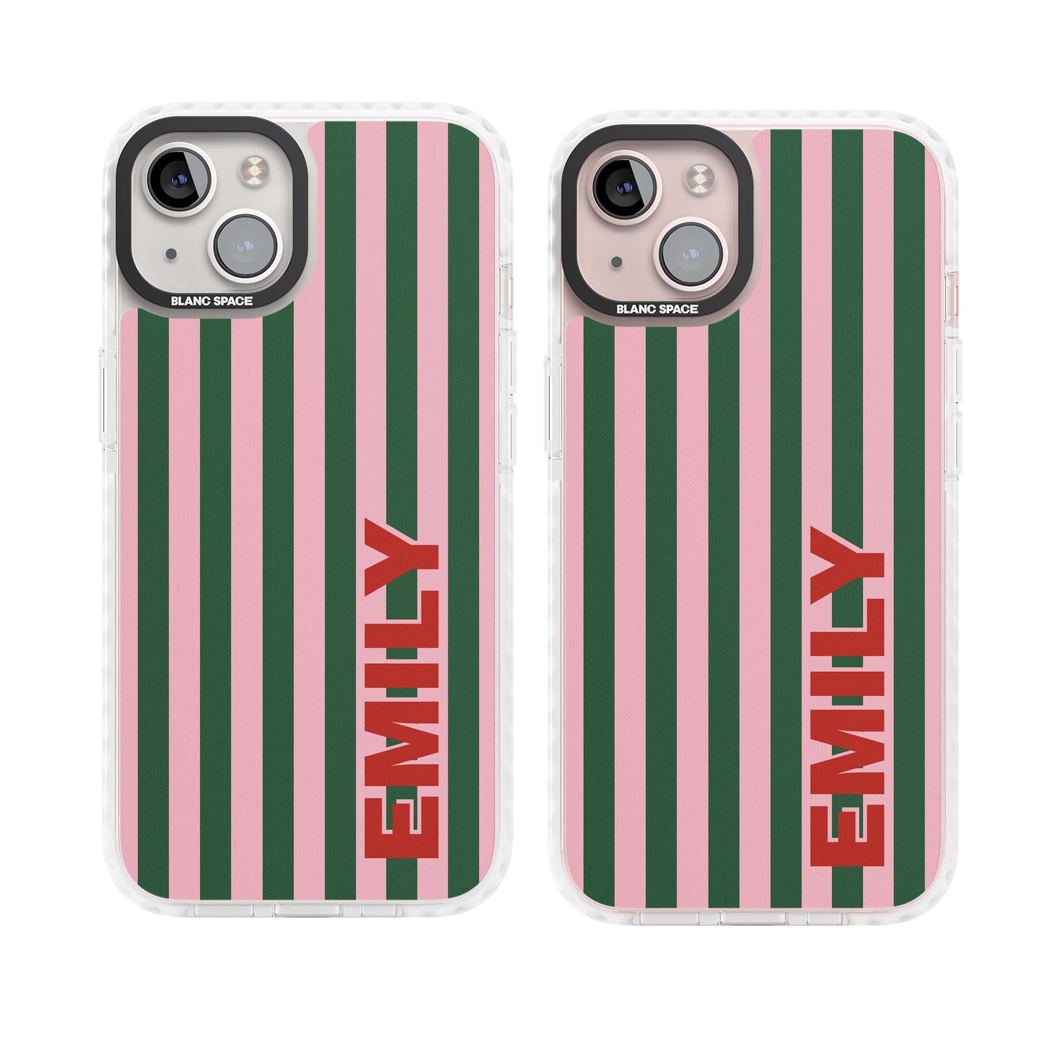 Italian Stripe preppy iPhone case featuring pink and green vertical stripes with personalised red name | Impact Magsafe case for iPhone 13, iPhone 14, iPhone 15
