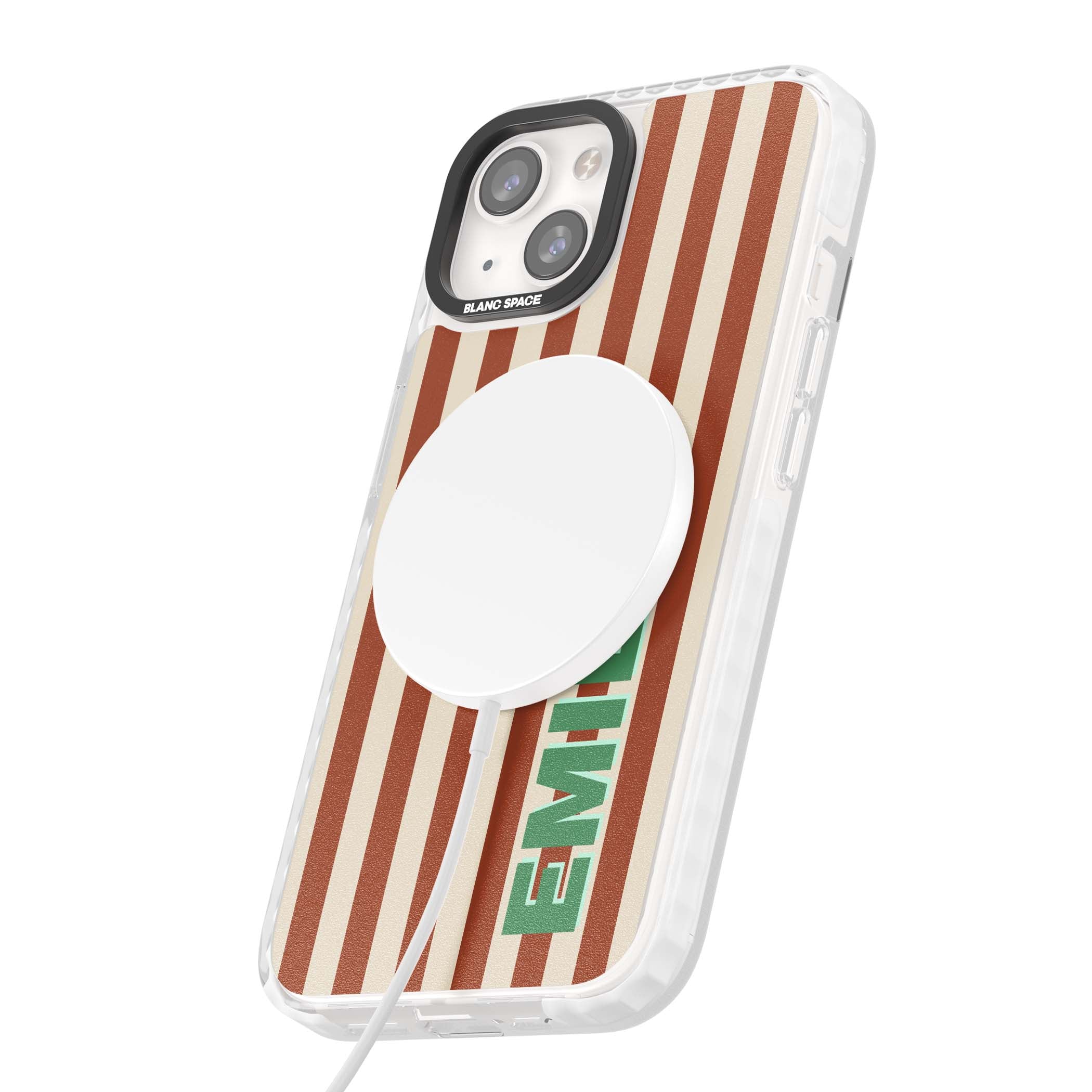 Dune Stripe personalised iPhone case with rust and cream vertical stripes and custom name in mint green | Impact Magsafe case for iPhone 13, iPhone 14, iPhone 15