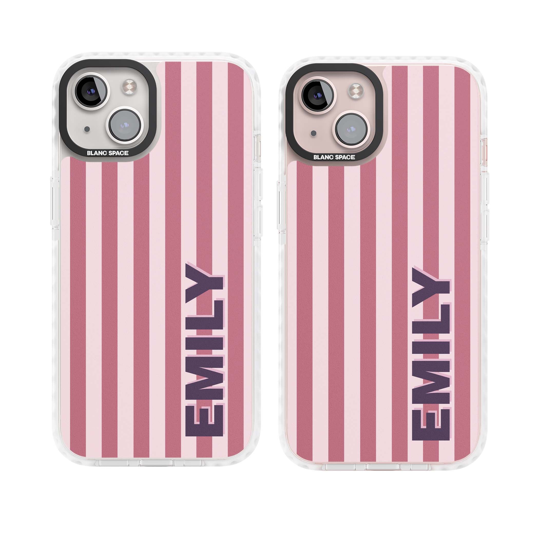 Victoria Stripe personalised iPhone case featuring pink vertical stripes and custom name in bold plum lettering | Impact Magsafe case for iPhone 13, iPhone 14, iPhone 15