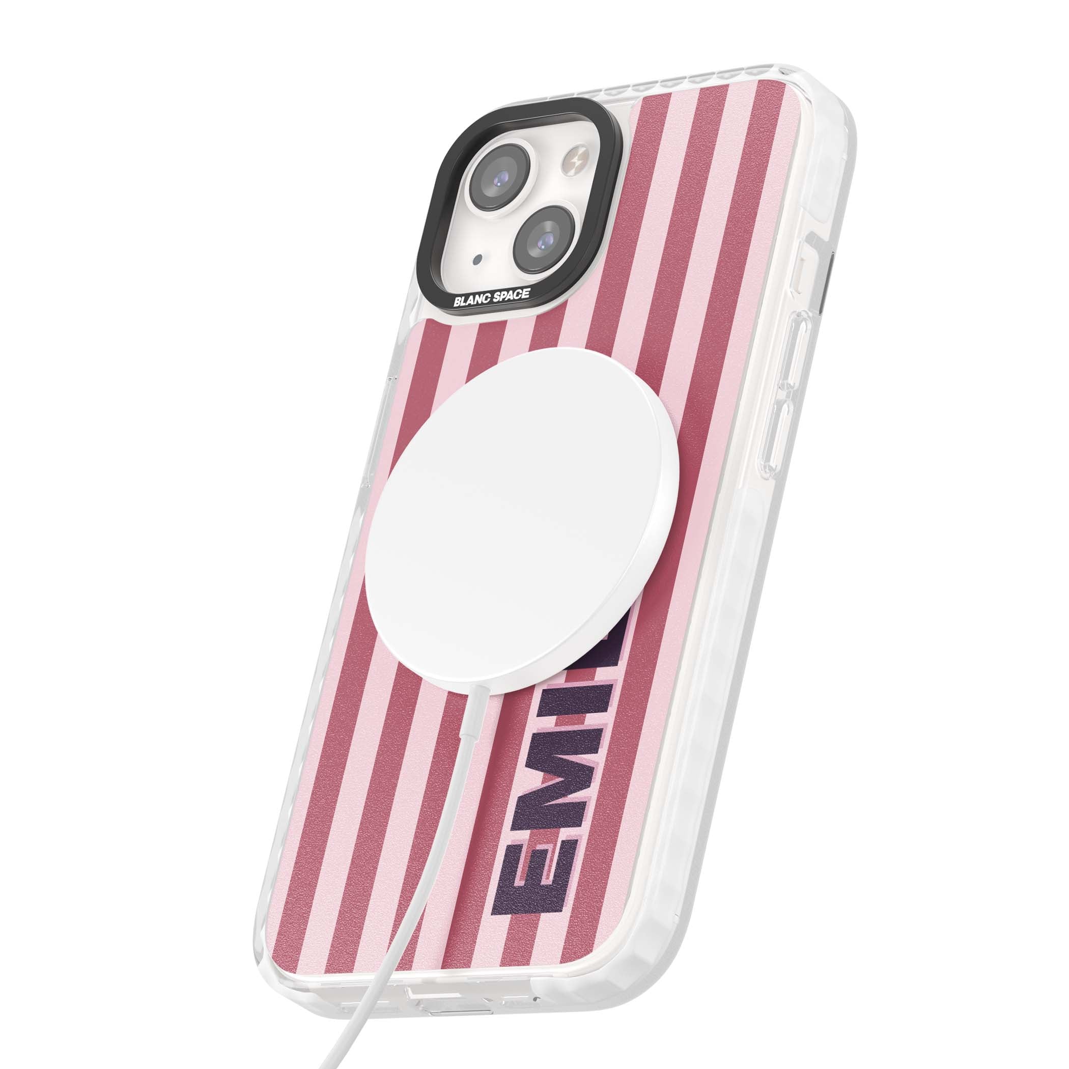 Victoria Stripe personalised iPhone case featuring pink vertical stripes and custom name in bold plum lettering | Impact Magsafe case for iPhone 13, iPhone 14, iPhone 15