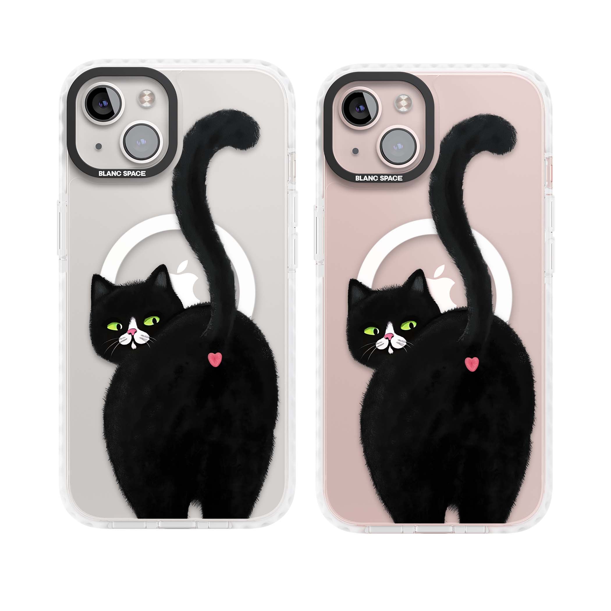 The Cat's Kiss cute cat iPhone case featuring a hand-painted tuxedo kitty with green eyes and a pink heart on a clear  | Impact Magsafe case for iPhone 13, iPhone 14, iPhone 15