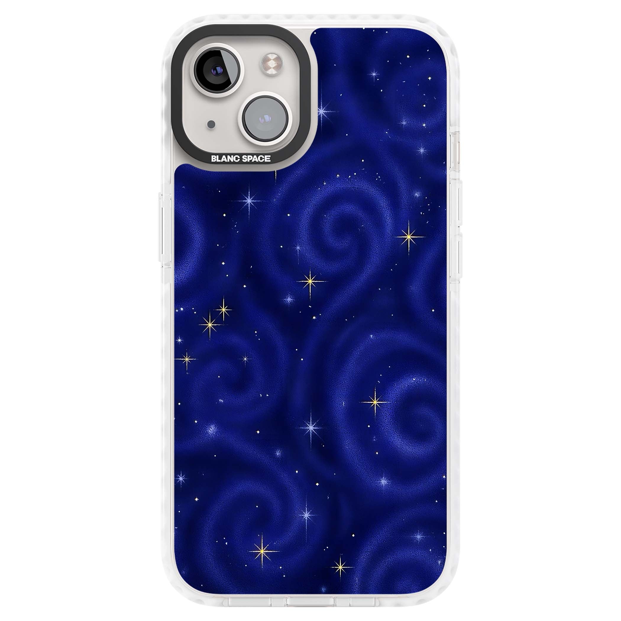 Indigo Cosmos celestial iPhone case featuring swirling navy night sky and sparkling golden stars | Impact Magsafe case for iPhone 13, iPhone 14, iPhone 15