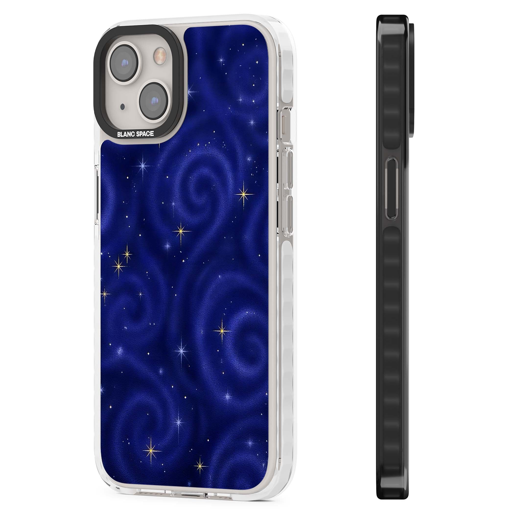 Indigo Cosmos celestial iPhone case featuring swirling navy night sky and sparkling golden stars | Impact Magsafe case for iPhone 13, iPhone 14, iPhone 15