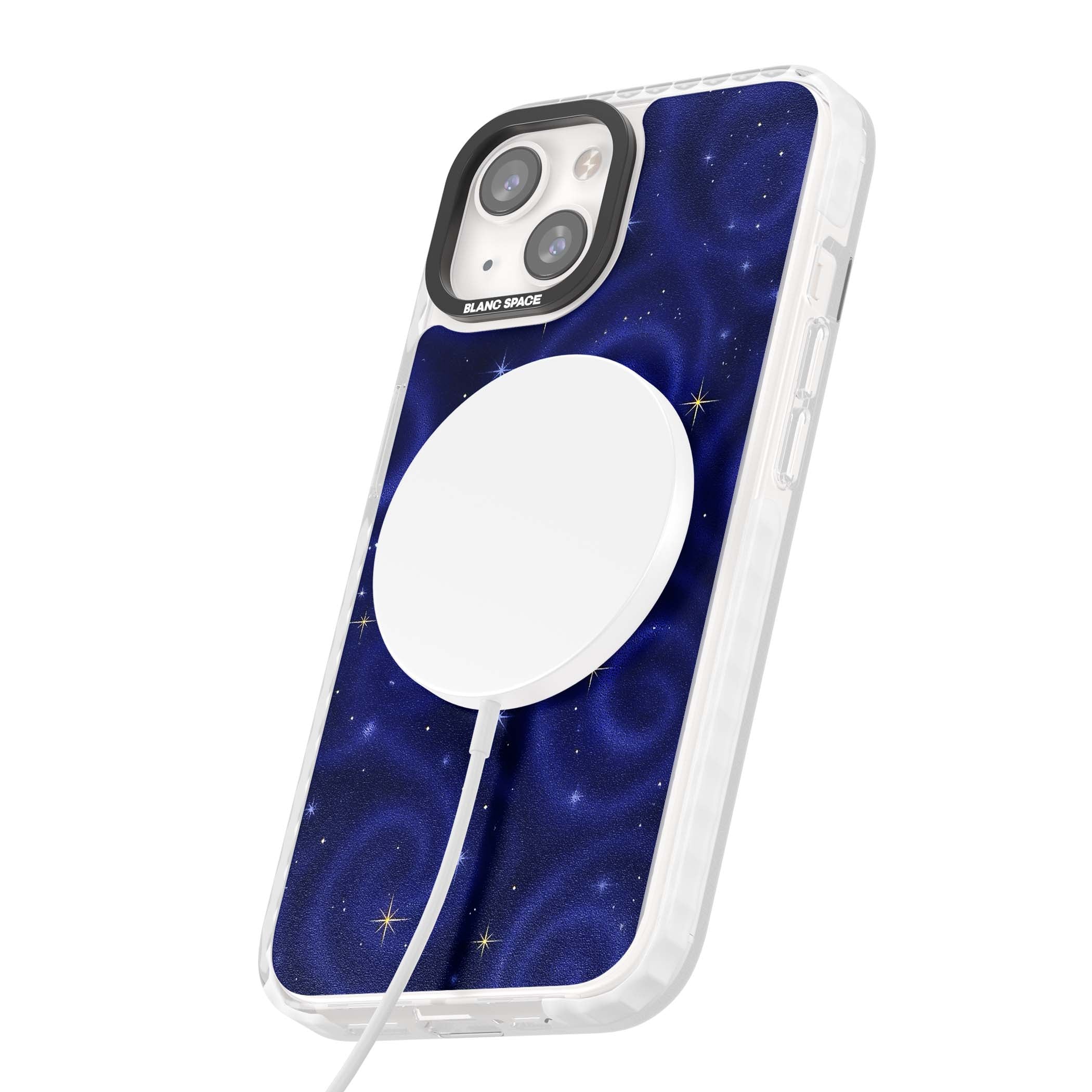 Indigo Cosmos celestial iPhone case featuring swirling navy night sky and sparkling golden stars | Impact Magsafe case for iPhone 13, iPhone 14, iPhone 15