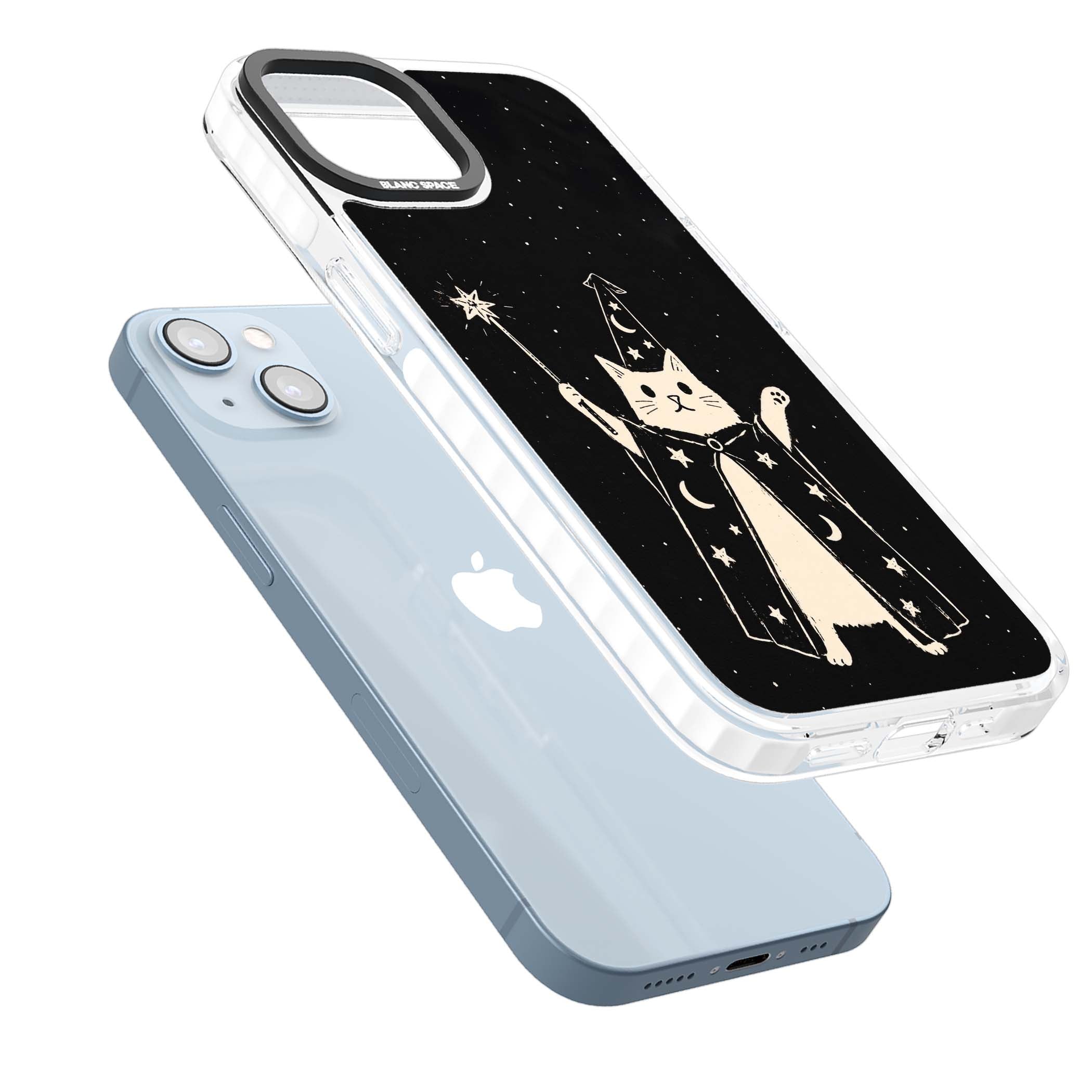 Whisker Wizard celestial cat iPhone case featuring a wizard cat with magic wand, starry night sky and crescent moons | Impact Magsafe case for iPhone 13, iPhone 14, iPhone 15
