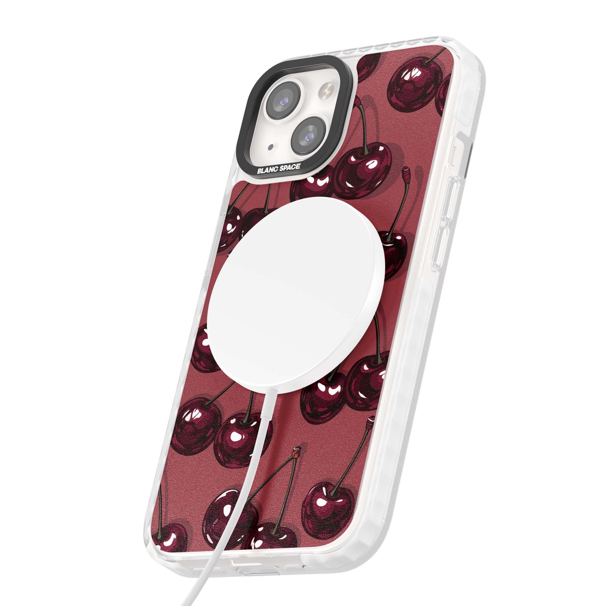 Cherry Rebel coquette iPhone case featuring glossy burgundy cherries on a dusty rose background | Impact Magsafe case for iPhone 13, iPhone 14, iPhone 15