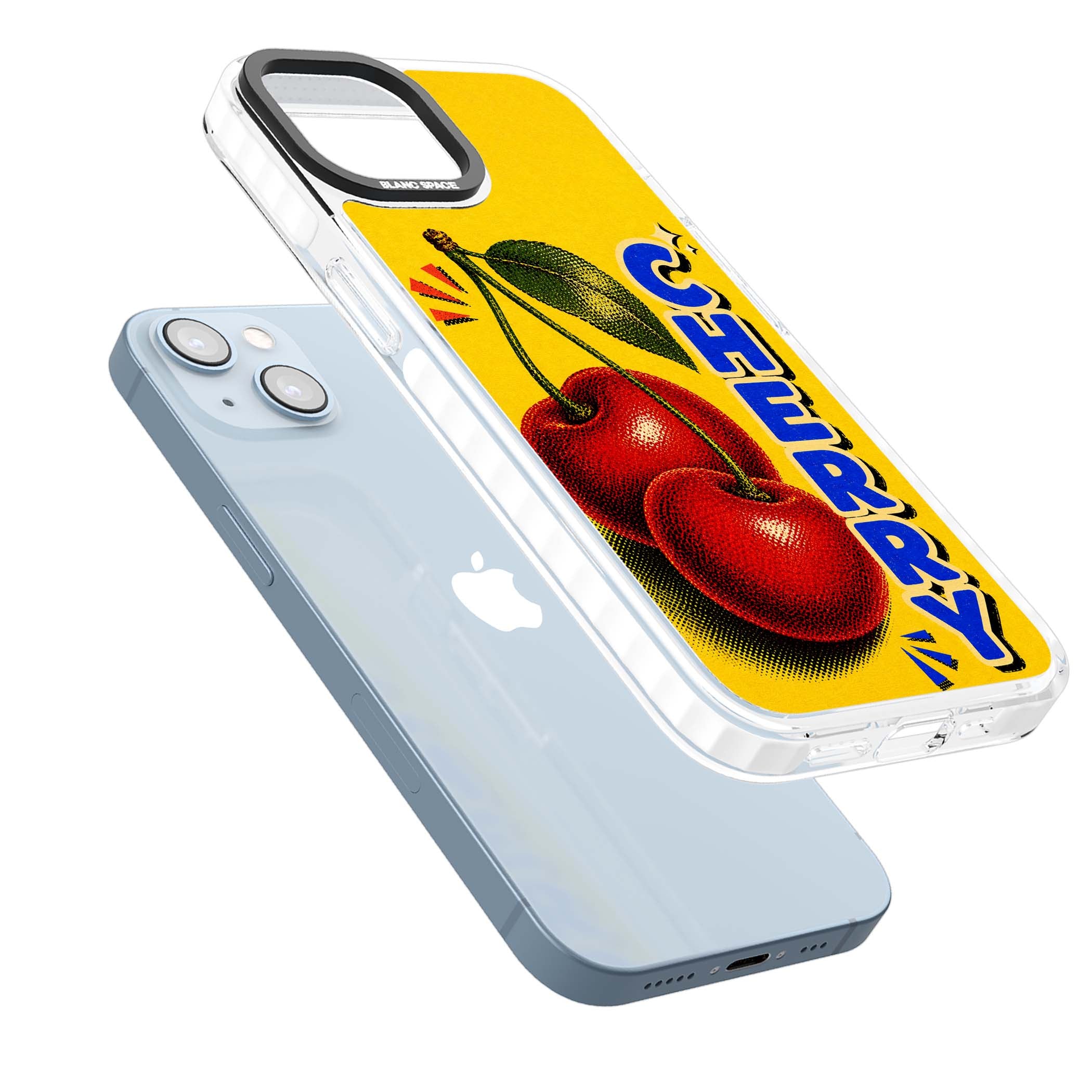 Cherry Yellow y2k iPhone case featuring two red cherries, halftone shading and bold blue CHERRY lettering on yellow | Impact Magsafe case for iPhone 13, iPhone 14, iPhone 15