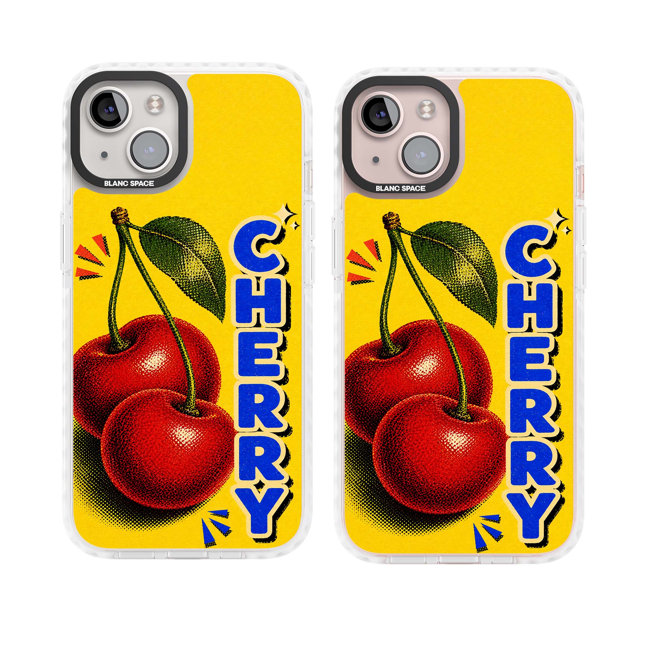 Cherry Yellow y2k iPhone case featuring two red cherries, halftone shading and bold blue CHERRY lettering on yellow | Impact Magsafe case for iPhone 13, iPhone 14, iPhone 15