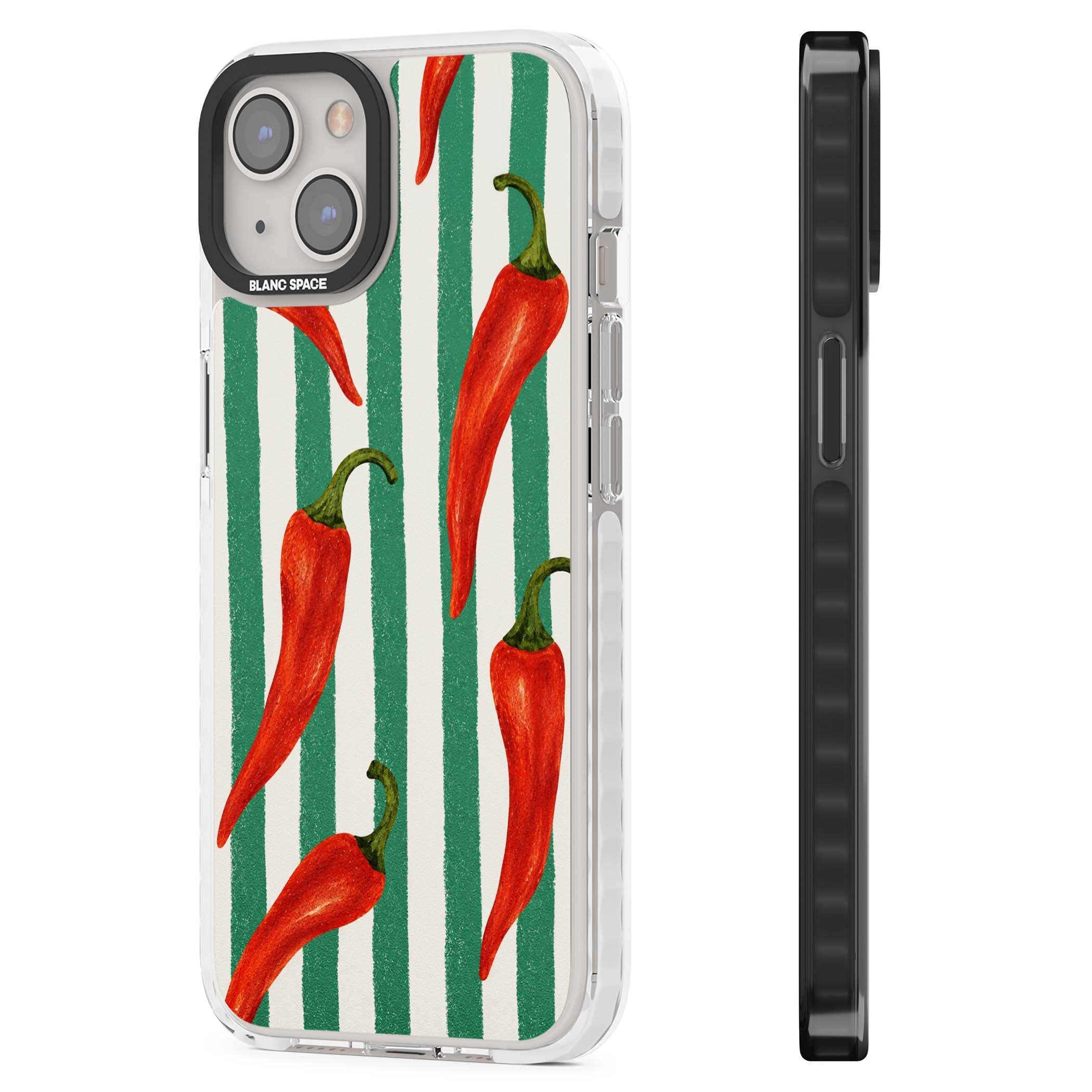 Striped Chillis coastal iPhone case featuring hand-painted red chili peppers on green and cream stripes | Impact Magsafe case for iPhone 13, iPhone 14, iPhone 15