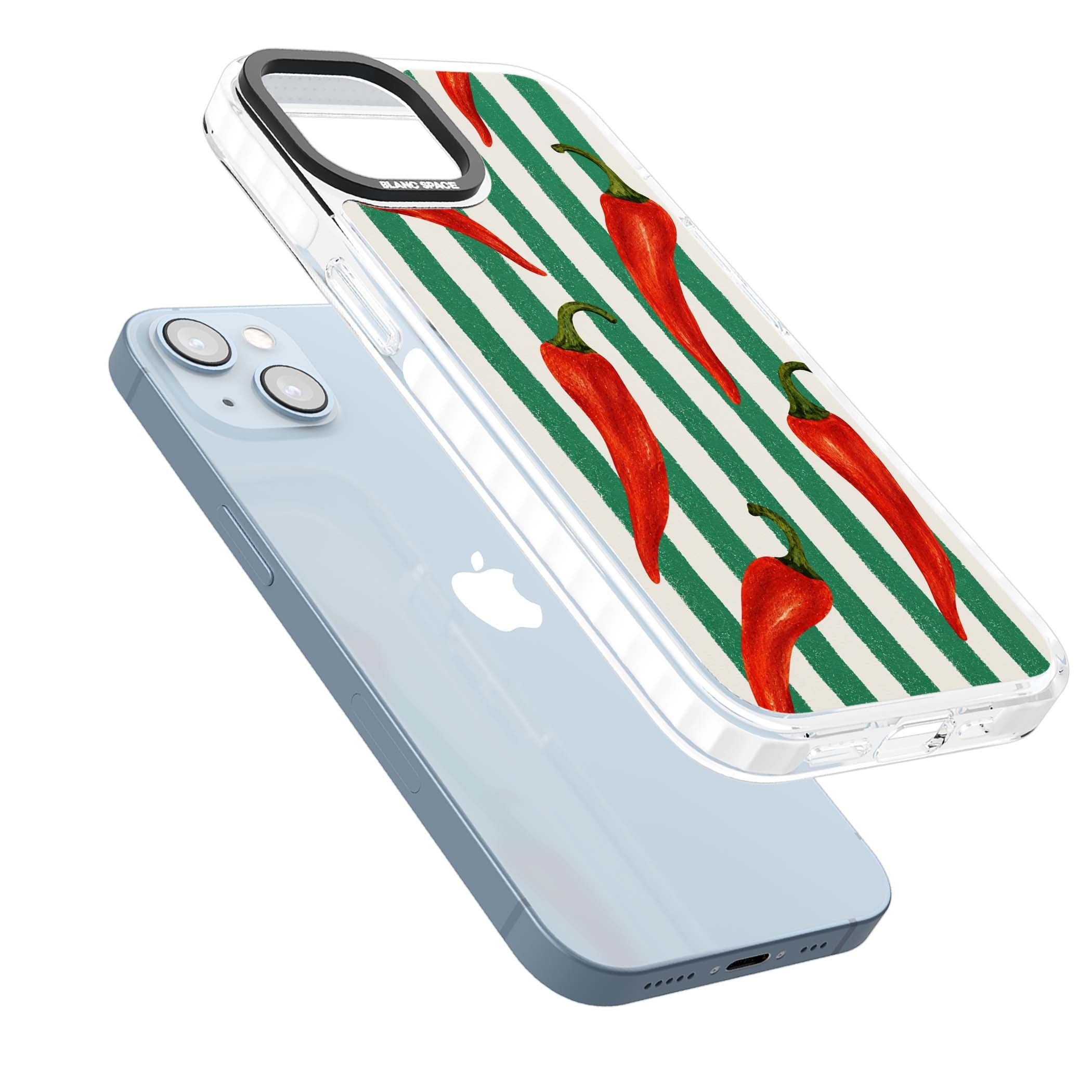 Striped Chillis coastal iPhone case featuring hand-painted red chili peppers on green and cream stripes | Impact Magsafe case for iPhone 13, iPhone 14, iPhone 15