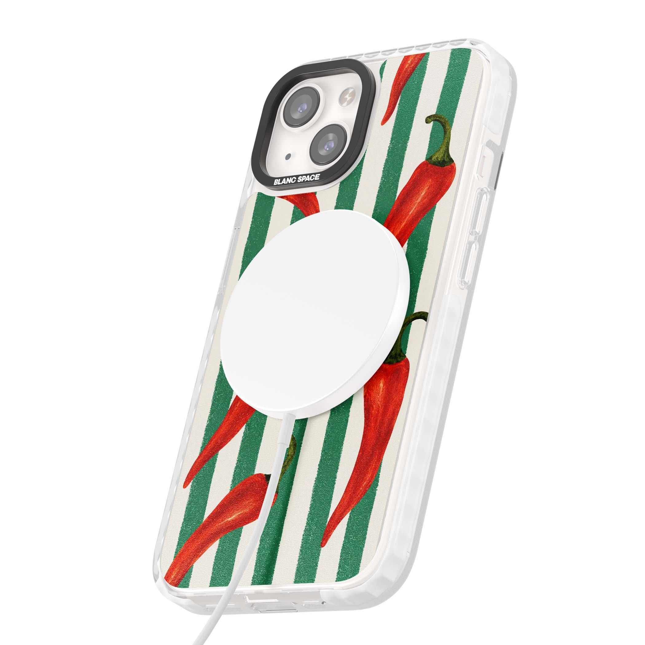 Striped Chillis coastal iPhone case featuring hand-painted red chili peppers on green and cream stripes | Impact Magsafe case for iPhone 13, iPhone 14, iPhone 15