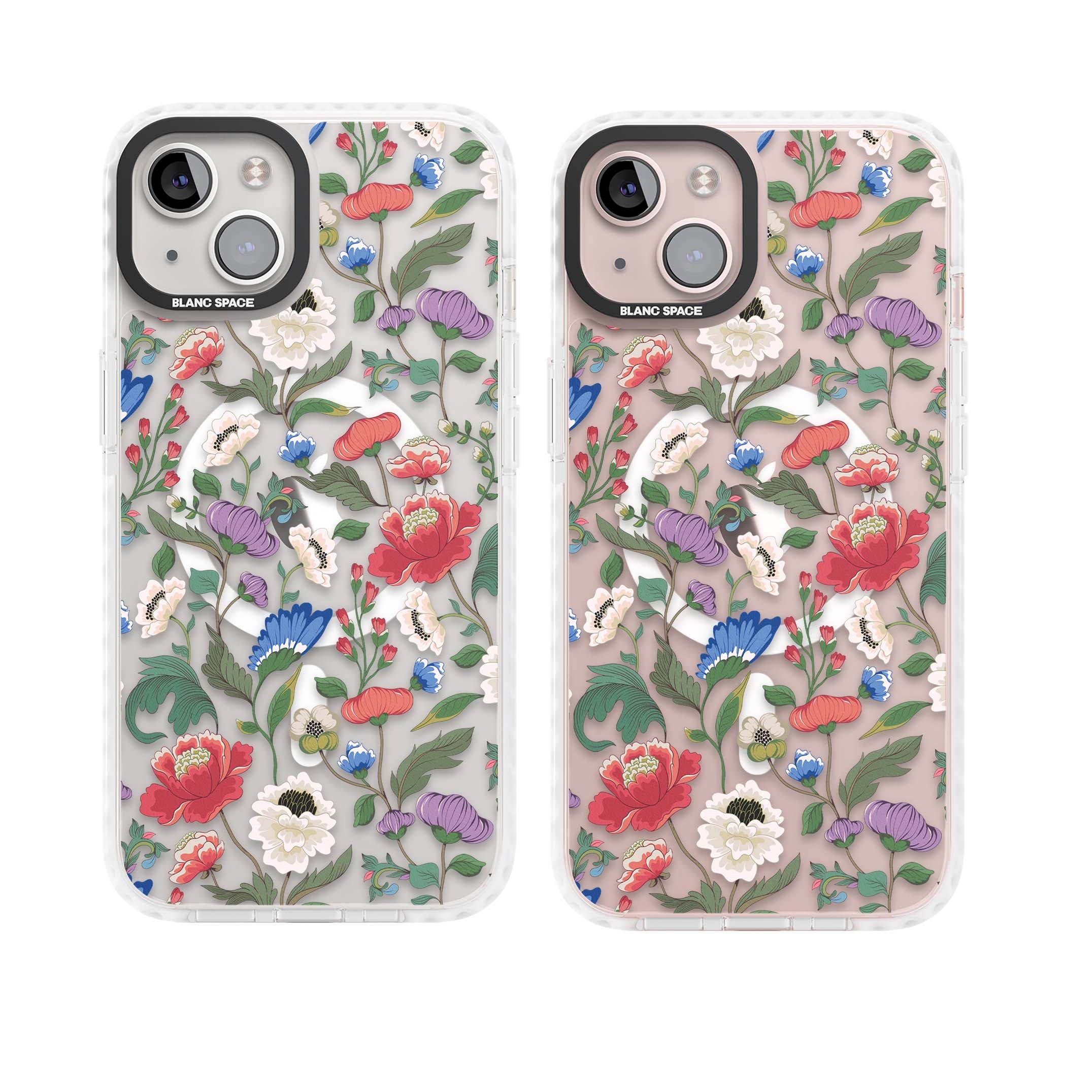 Chinoiserie Bloom vintage floral iPhone case featuring hand-painted peonies, poppies and trailing wildflowers on clear... | Impact Magsafe case for iPhone 13, iPhone 14, iPhone 15