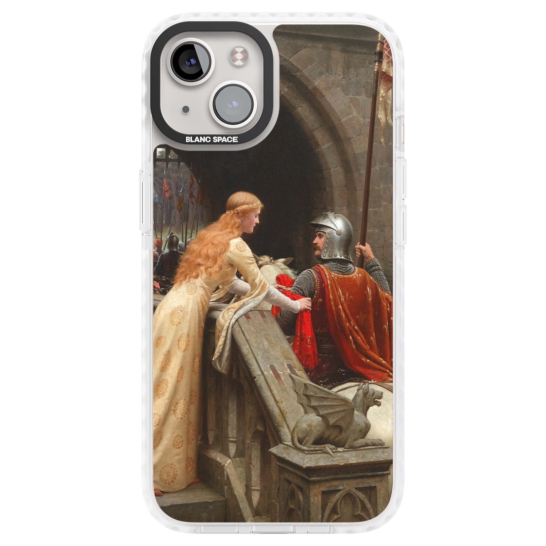 God Speed fine art iPhone case featuring Edmund Blair Leighton's medieval knight and lady beneath a stone archway | Impact Magsafe case for iPhone 13, iPhone 14, iPhone 15