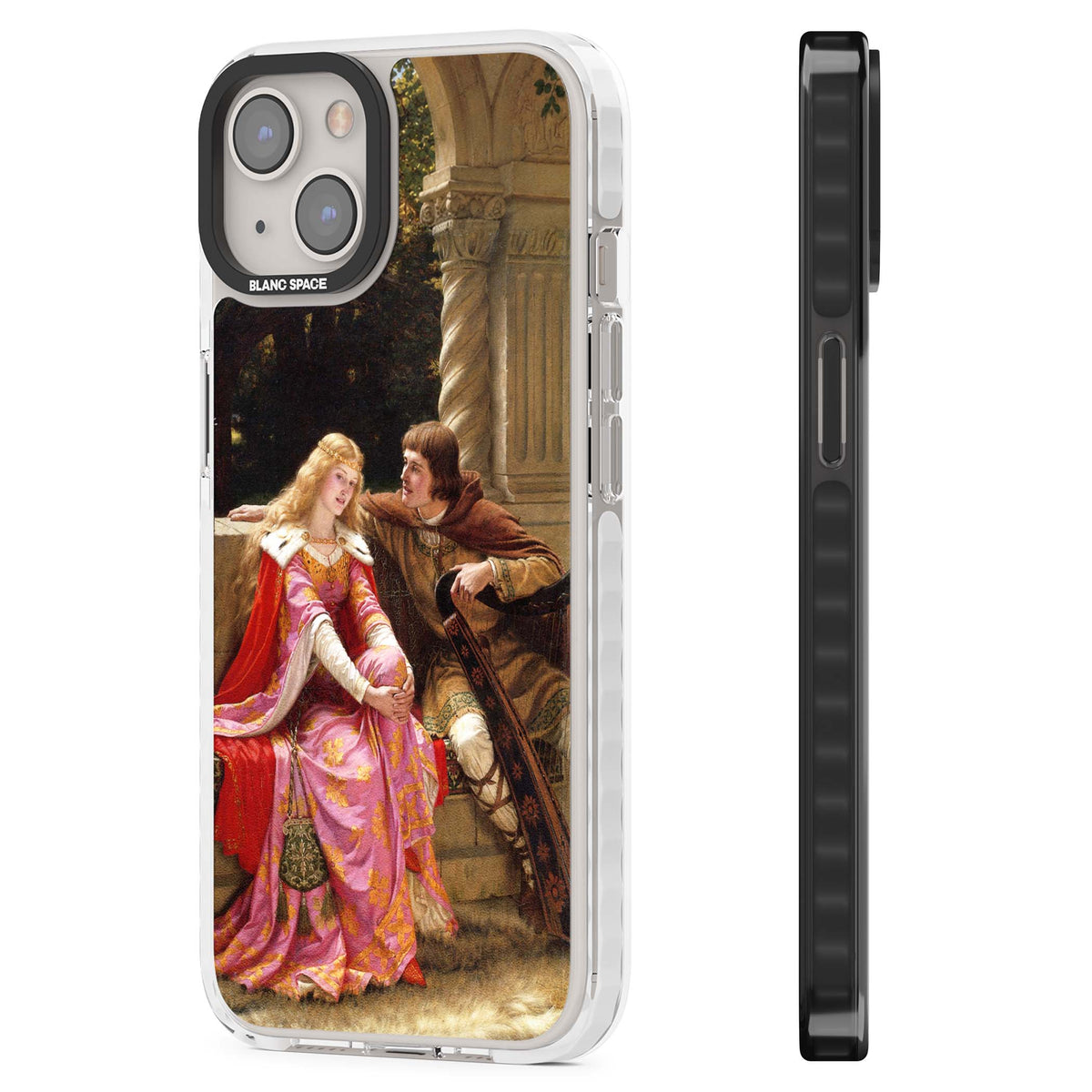 The End of the Song classic art iPhone case featuring a medieval lady in pink gown and her knight in a stone archway | Impact Magsafe case for iPhone 13, iPhone 14, iPhone 15