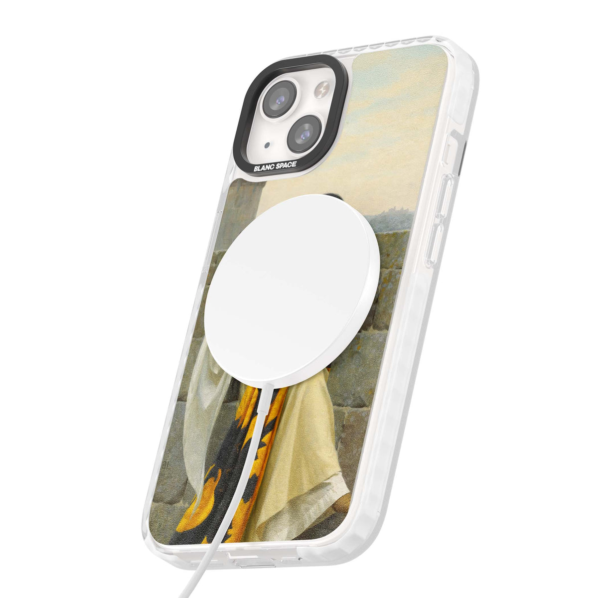 Stitching the Standard renaissance art iPhone case featuring a medieval lady sewing a golden banner on a castle wall | Impact Magsafe case for iPhone 13, iPhone 14, iPhone 15