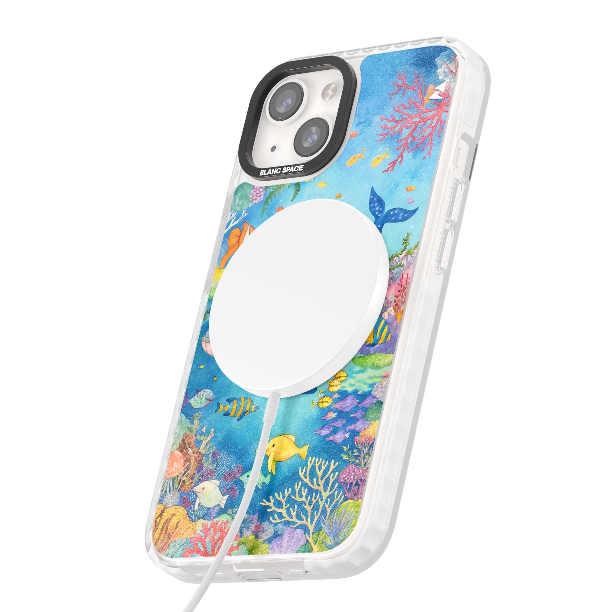 Coral Lagoon ocean iPhone case featuring a watercolour whale, coral reef and tropical fish | Impact Magsafe case for iPhone 13, iPhone 14, iPhone 15