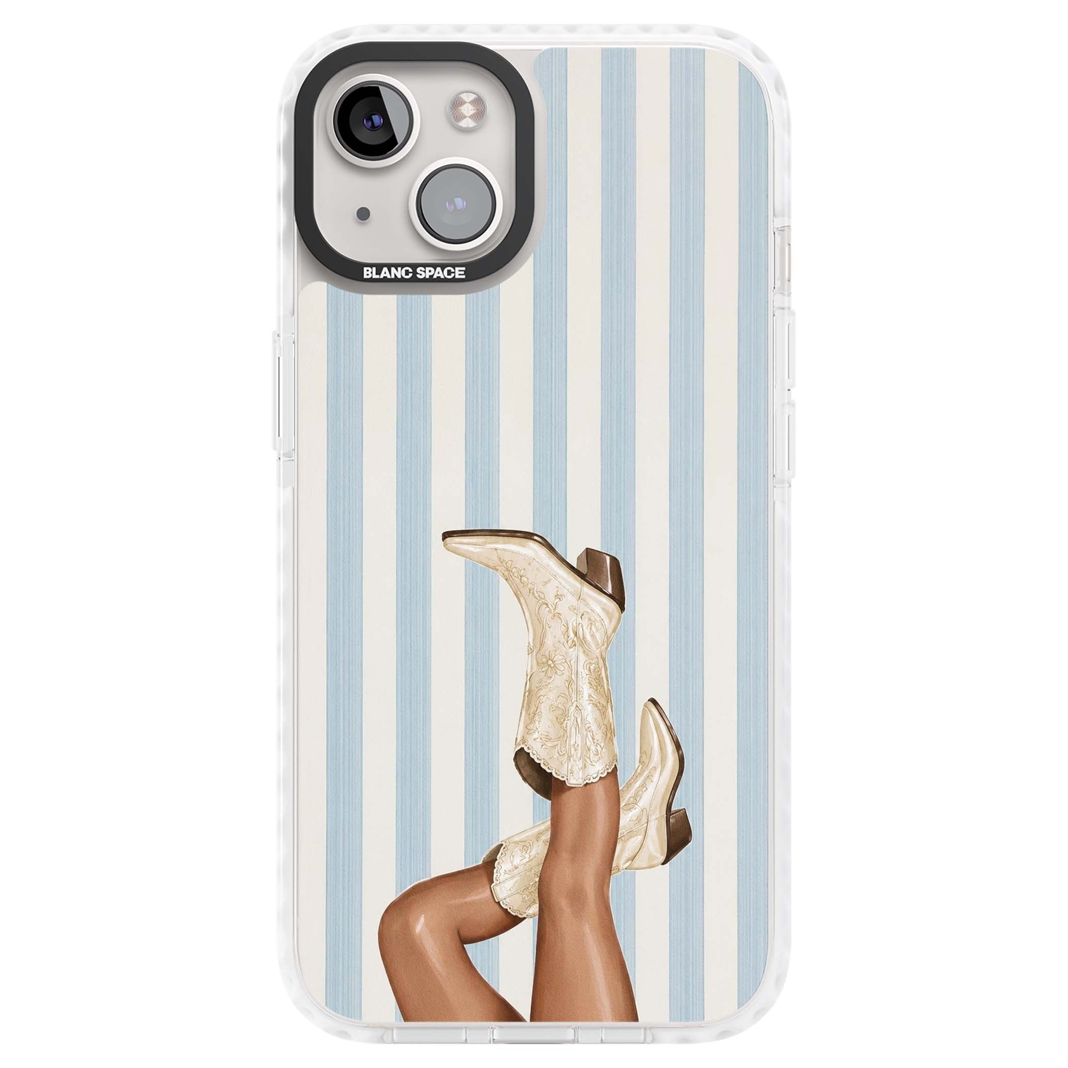 Cowgirl Boots coastal cowgirl iPhone case featuring embroidered western boots, tanned legs and a blue stripe backdrop | Impact Magsafe case for iPhone 13, iPhone 14, iPhone 15