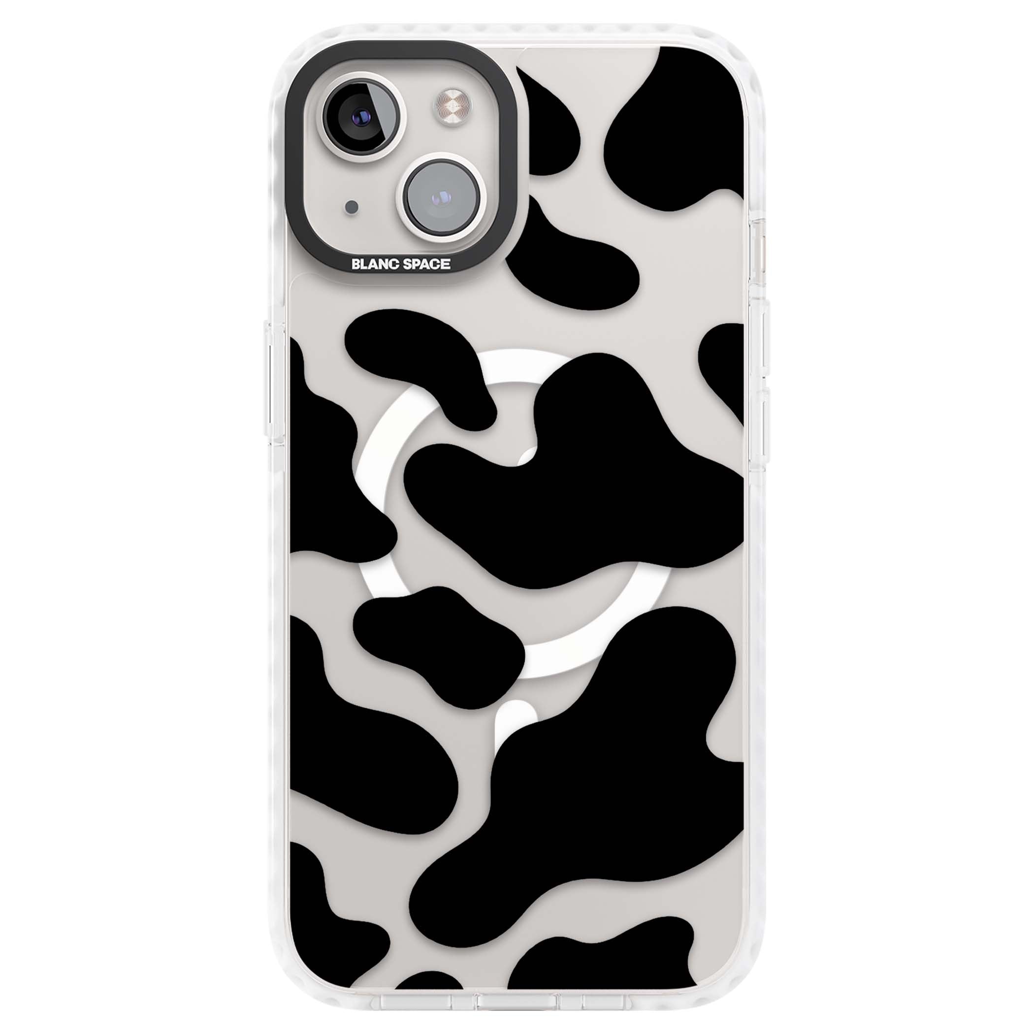 Clear Cow Print cow print iPhone case featuring black and white cow pattern splotches on a clear background | Impact Magsafe case for iPhone 13, iPhone 14, iPhone 15