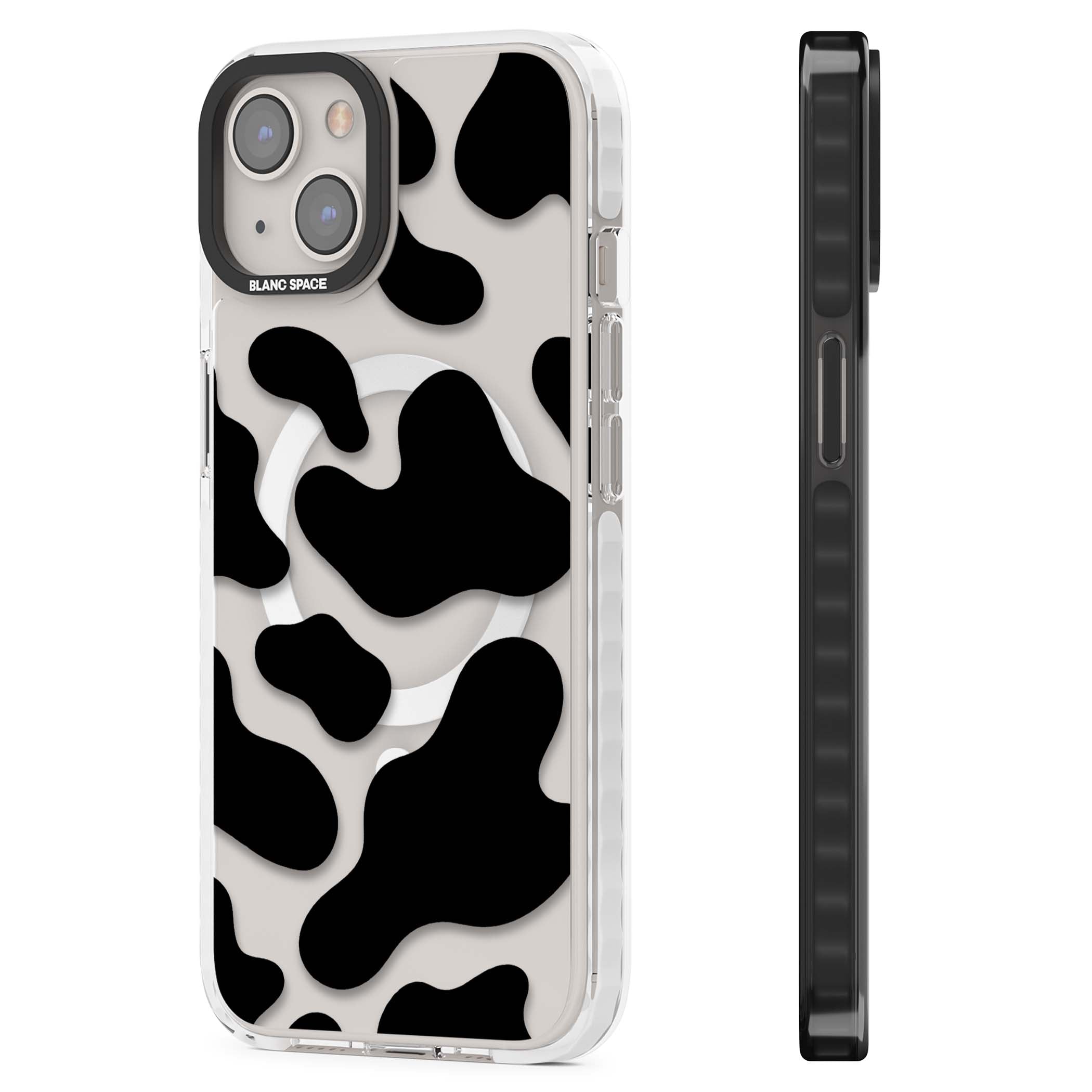 Clear Cow Print cow print iPhone case featuring black and white cow pattern splotches on a clear background | Impact Magsafe case for iPhone 13, iPhone 14, iPhone 15