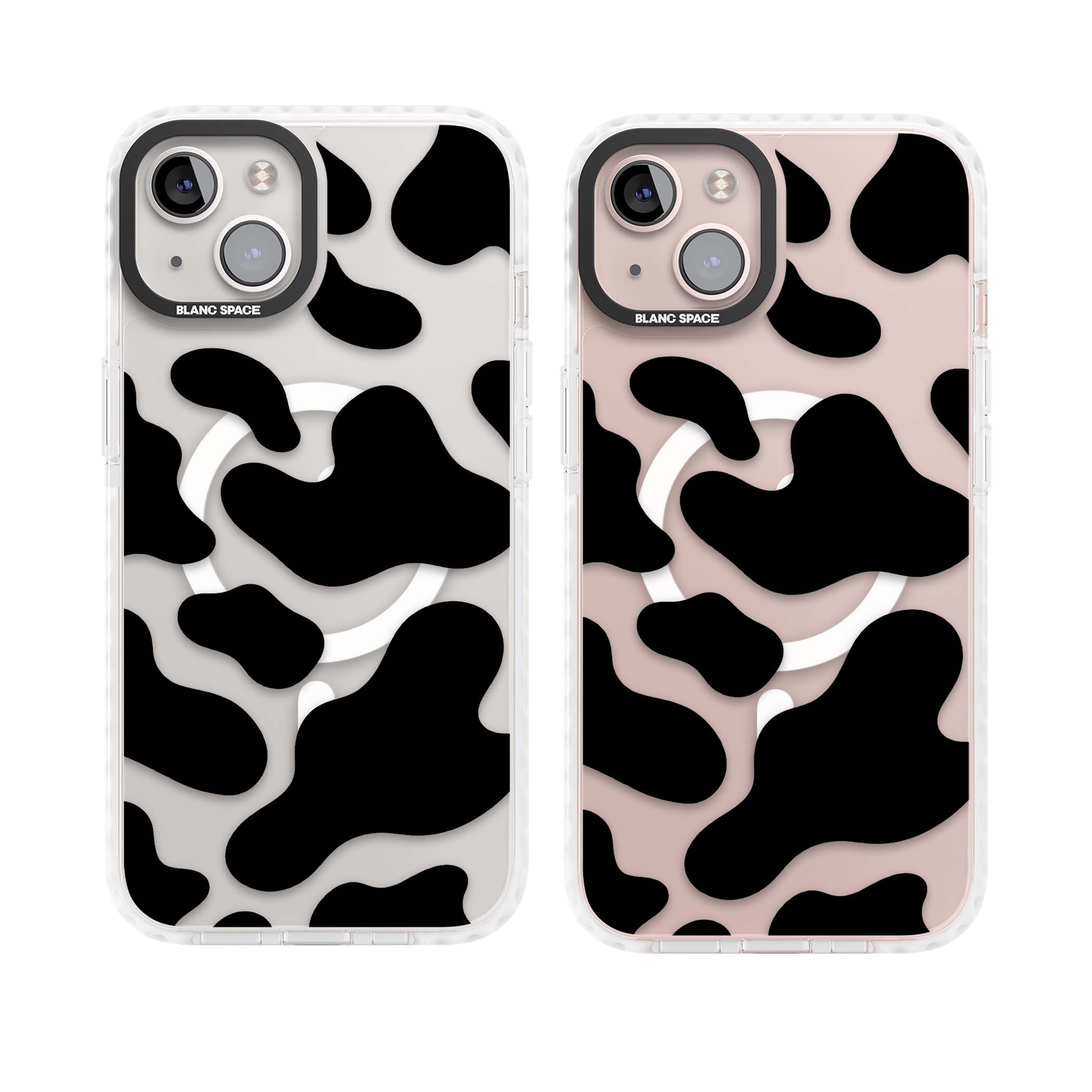 Clear Cow Print cow print iPhone case featuring black and white cow pattern splotches on a clear background | Impact Magsafe case for iPhone 13, iPhone 14, iPhone 15
