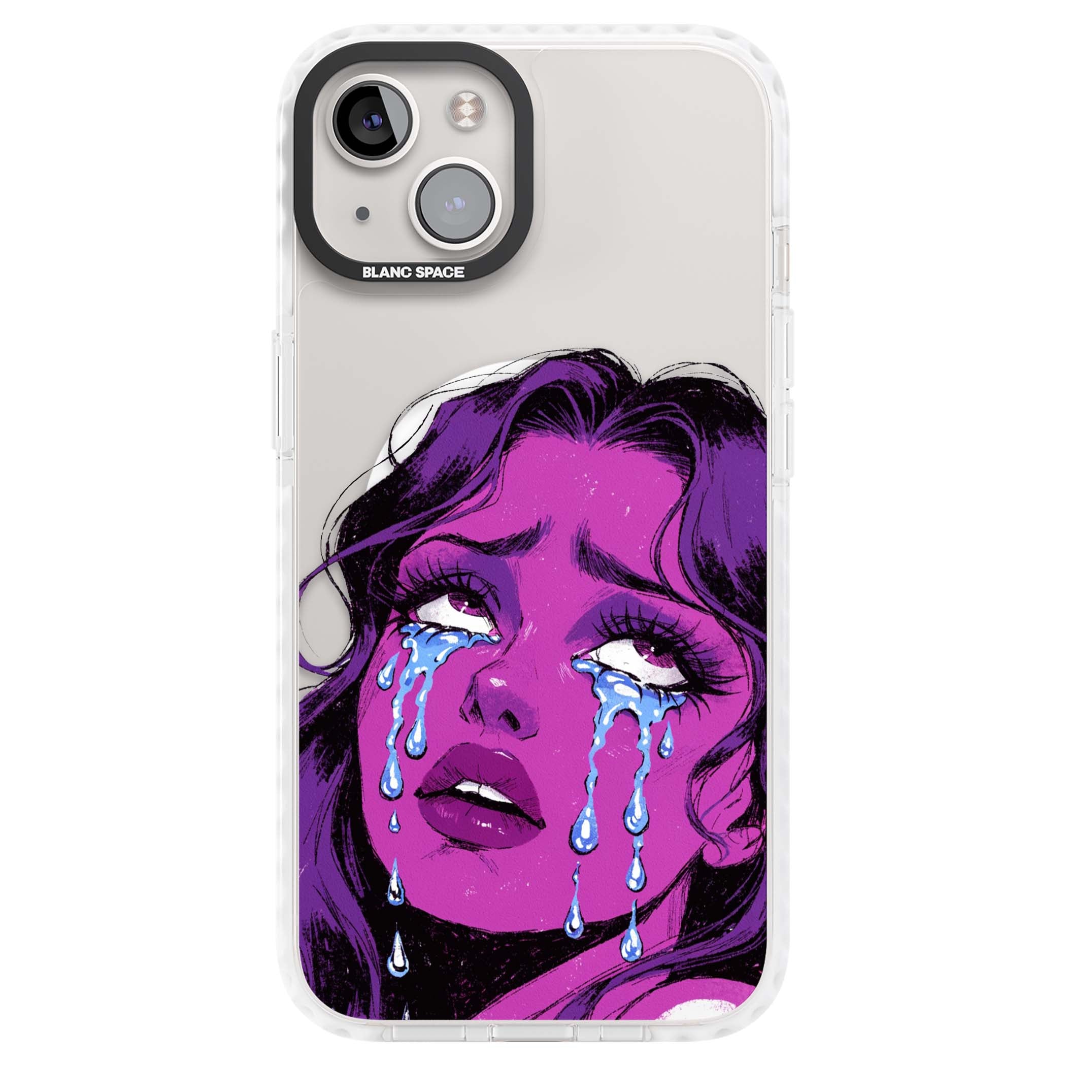 Drama Queen pop art iPhone case featuring a purple crying comic girl with blue tears | Impact Magsafe case for iPhone 13, iPhone 14, iPhone 15