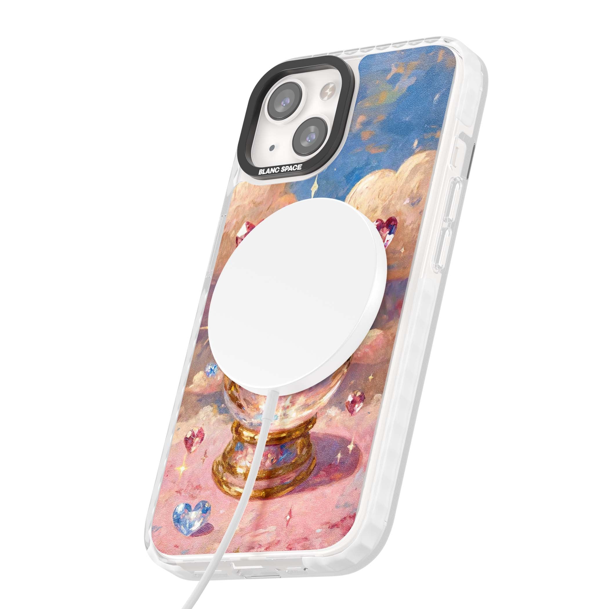 Crystal Ball fairycore iPhone case featuring a painted crystal ball, heart gemstones, and pastel clouds | Impact Magsafe case for iPhone 13, iPhone 14, iPhone 15