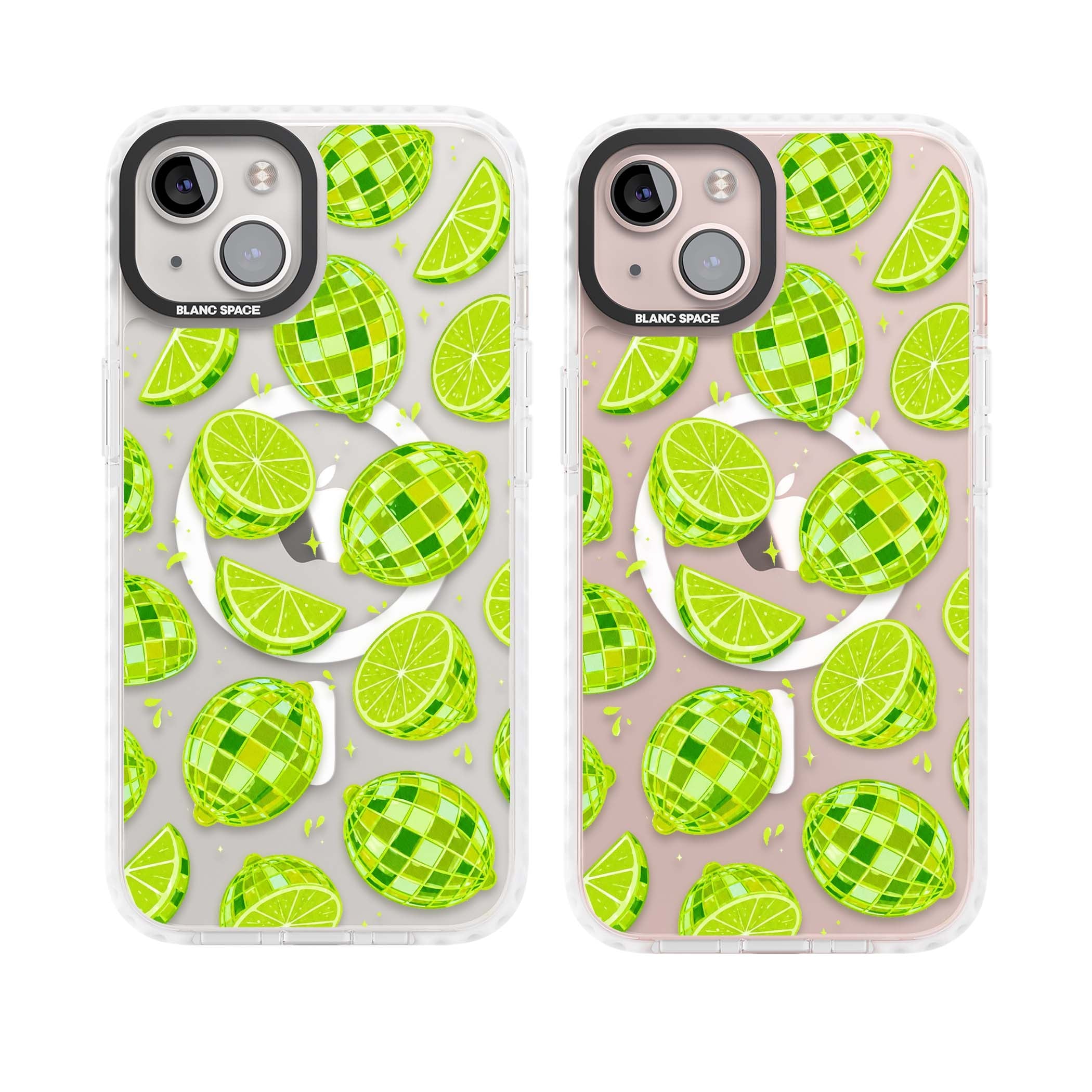 Disco Limes fruit aesthetic iPhone case featuring green disco balls, lime slices and citrus sparkles | Impact Magsafe case for iPhone 13, iPhone 14, iPhone 15