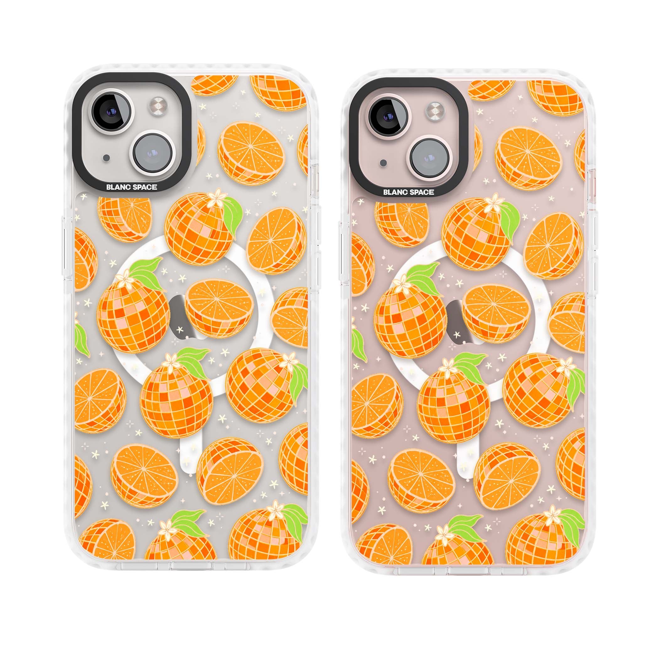 Disco Oranges retro iPhone case featuring mirrorball oranges, citrus slices and tiny blossoms on clear | Impact Magsafe case for iPhone 13, iPhone 14, iPhone 15