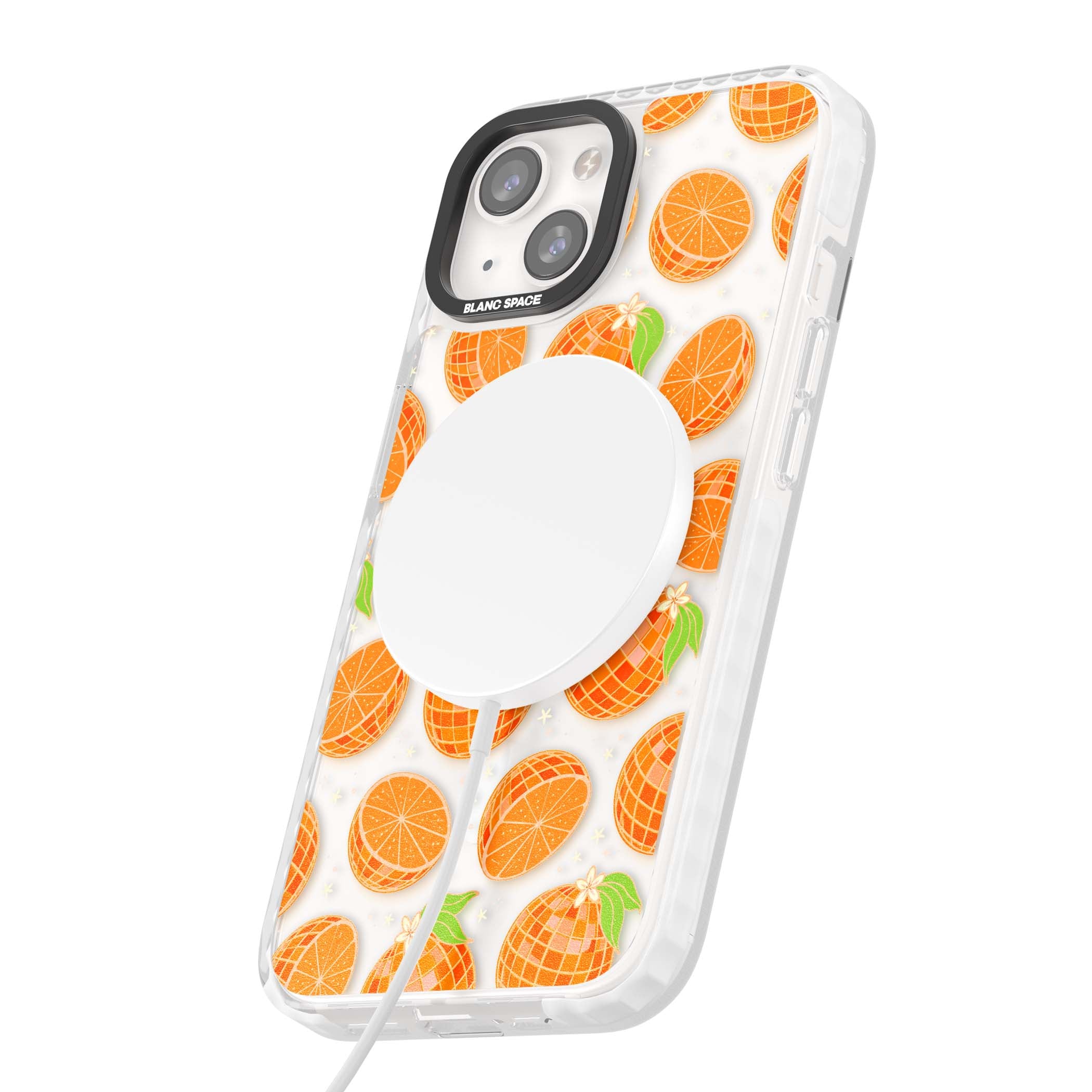 Disco Oranges retro iPhone case featuring mirrorball oranges, citrus slices and tiny blossoms on clear | Impact Magsafe case for iPhone 13, iPhone 14, iPhone 15