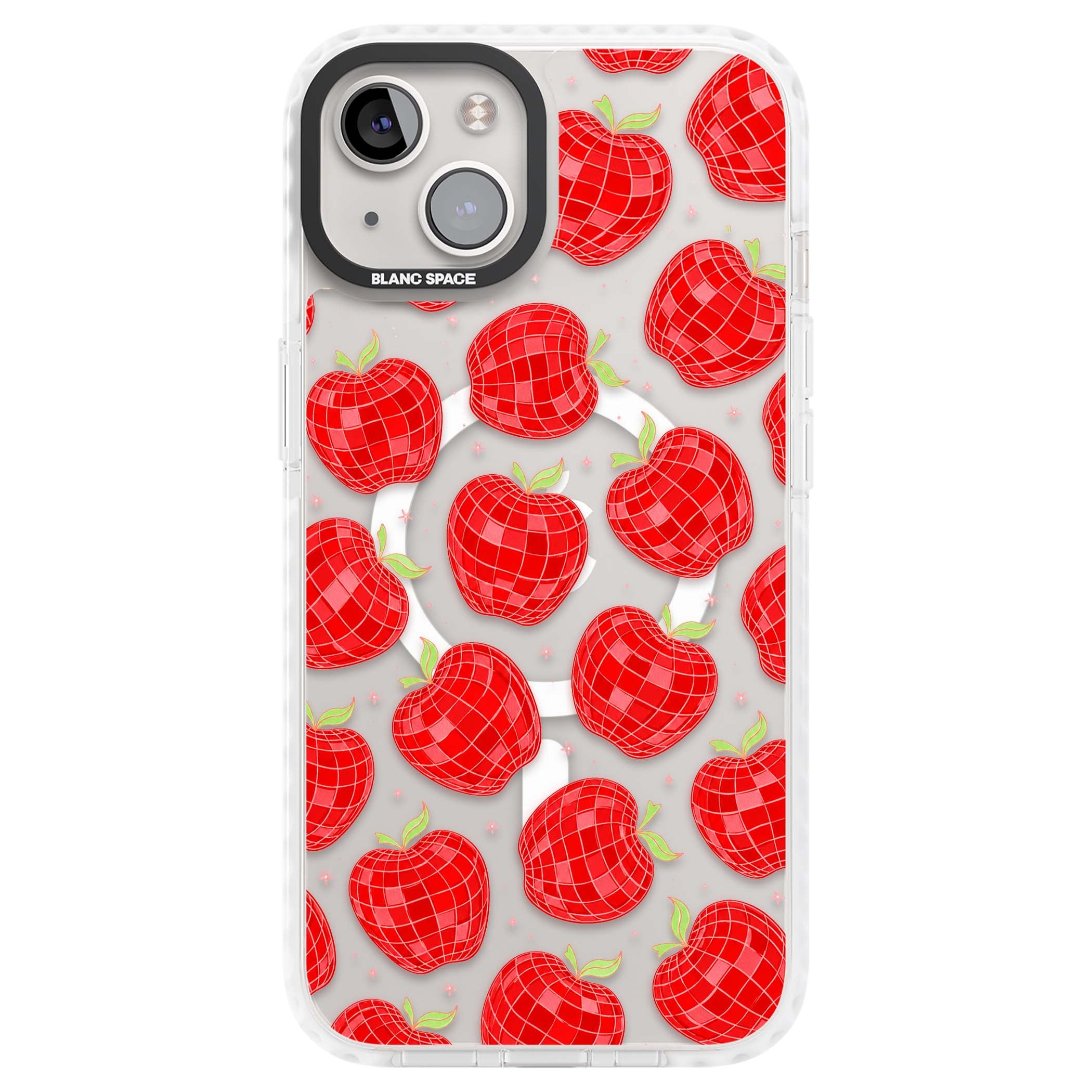 Disco Apples Y2K iPhone case featuring red disco ball apples, green leaves and pink sparkles on clear | Impact Magsafe case for iPhone 13, iPhone 14, iPhone 15