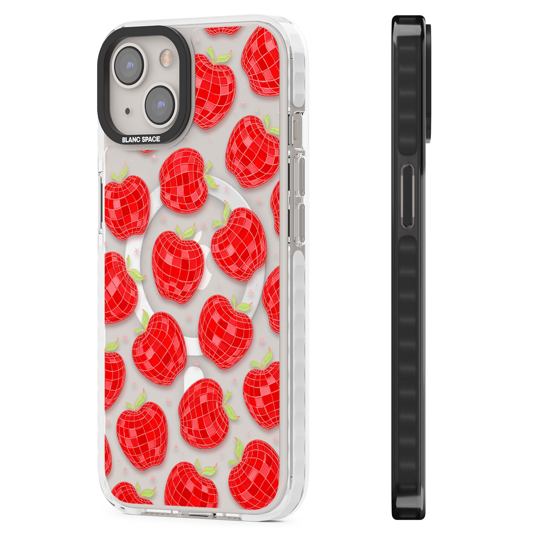 Disco Apples Y2K iPhone case featuring red disco ball apples, green leaves and pink sparkles on clear | Impact Magsafe case for iPhone 13, iPhone 14, iPhone 15