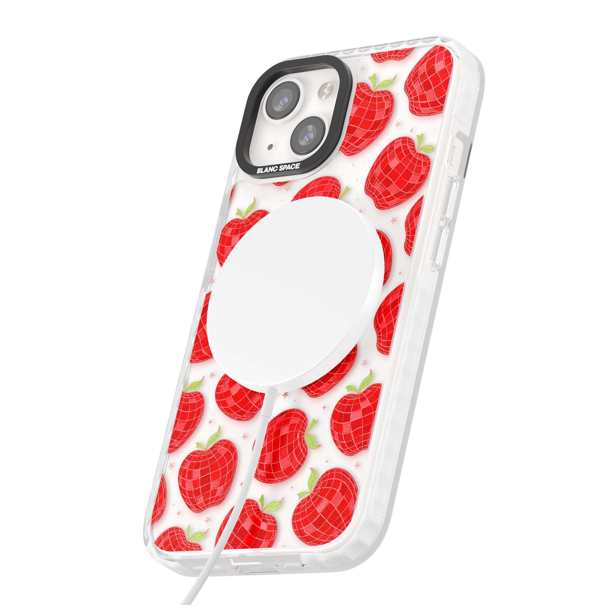 Disco Apples Y2K iPhone case featuring red disco ball apples, green leaves and pink sparkles on clear | Impact Magsafe case for iPhone 13, iPhone 14, iPhone 15