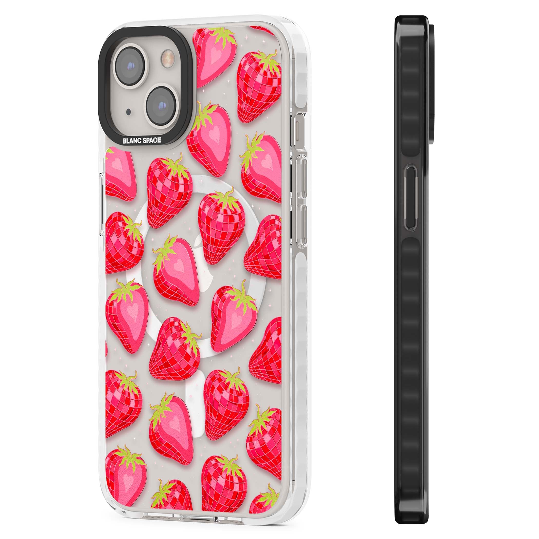 Disco Strawberry Y2K iPhone case featuring pink disco-ball strawberries, green leaves and tiny sparkles | Impact Magsafe case for iPhone 13, iPhone 14, iPhone 15