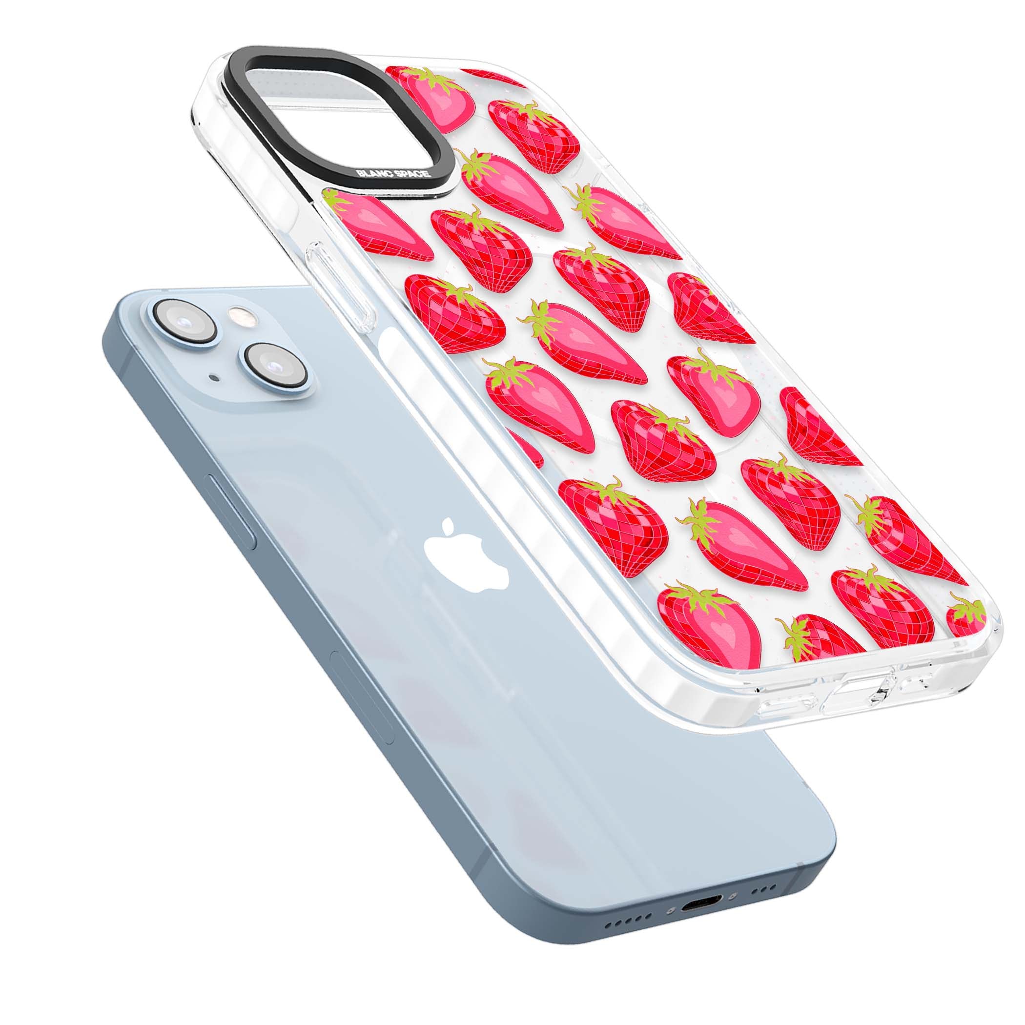 Disco Strawberry Y2K iPhone case featuring pink disco-ball strawberries, green leaves and tiny sparkles | Impact Magsafe case for iPhone 13, iPhone 14, iPhone 15