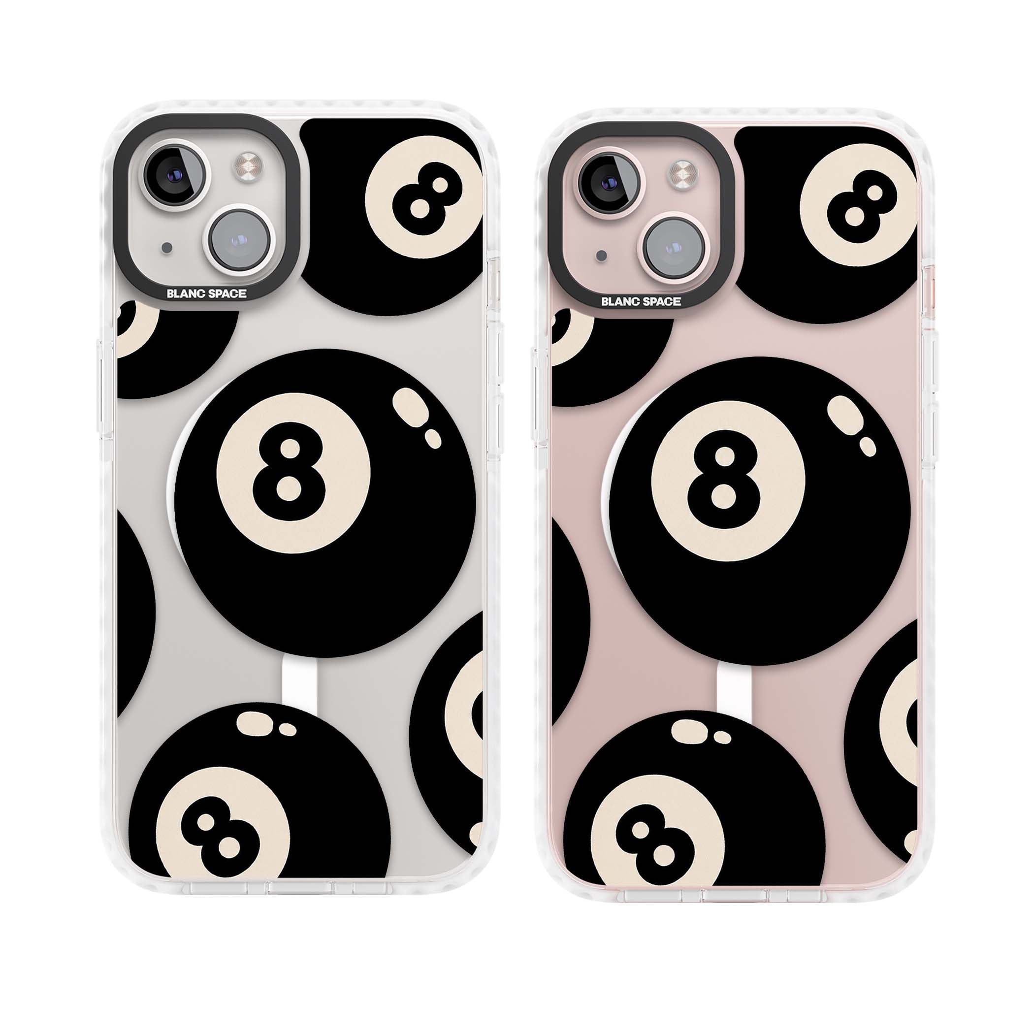 Eights y2k iPhone case featuring scattered black 8 balls with cream highlights on a clear background | Impact Magsafe case for iPhone 13, iPhone 14, iPhone 15