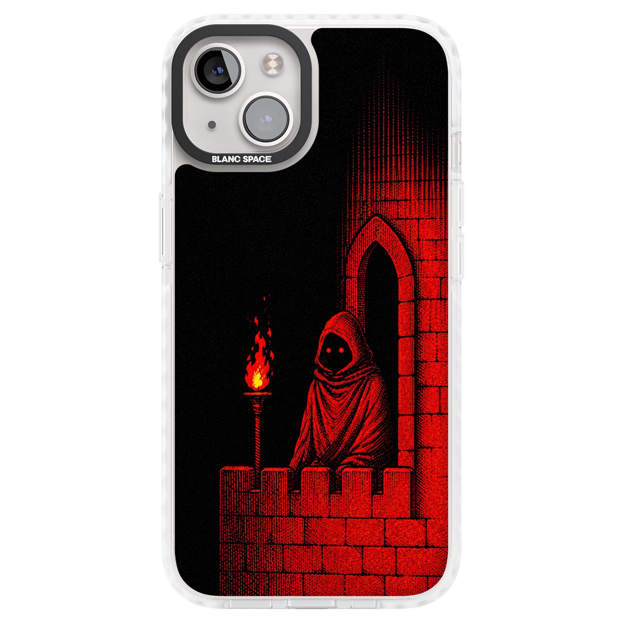 Crimson Crypt gothic iPhone case featuring a hooded reaper, torchlit crypt archway and red halftone horror art | Impact Magsafe case for iPhone 13, iPhone 14, iPhone 15