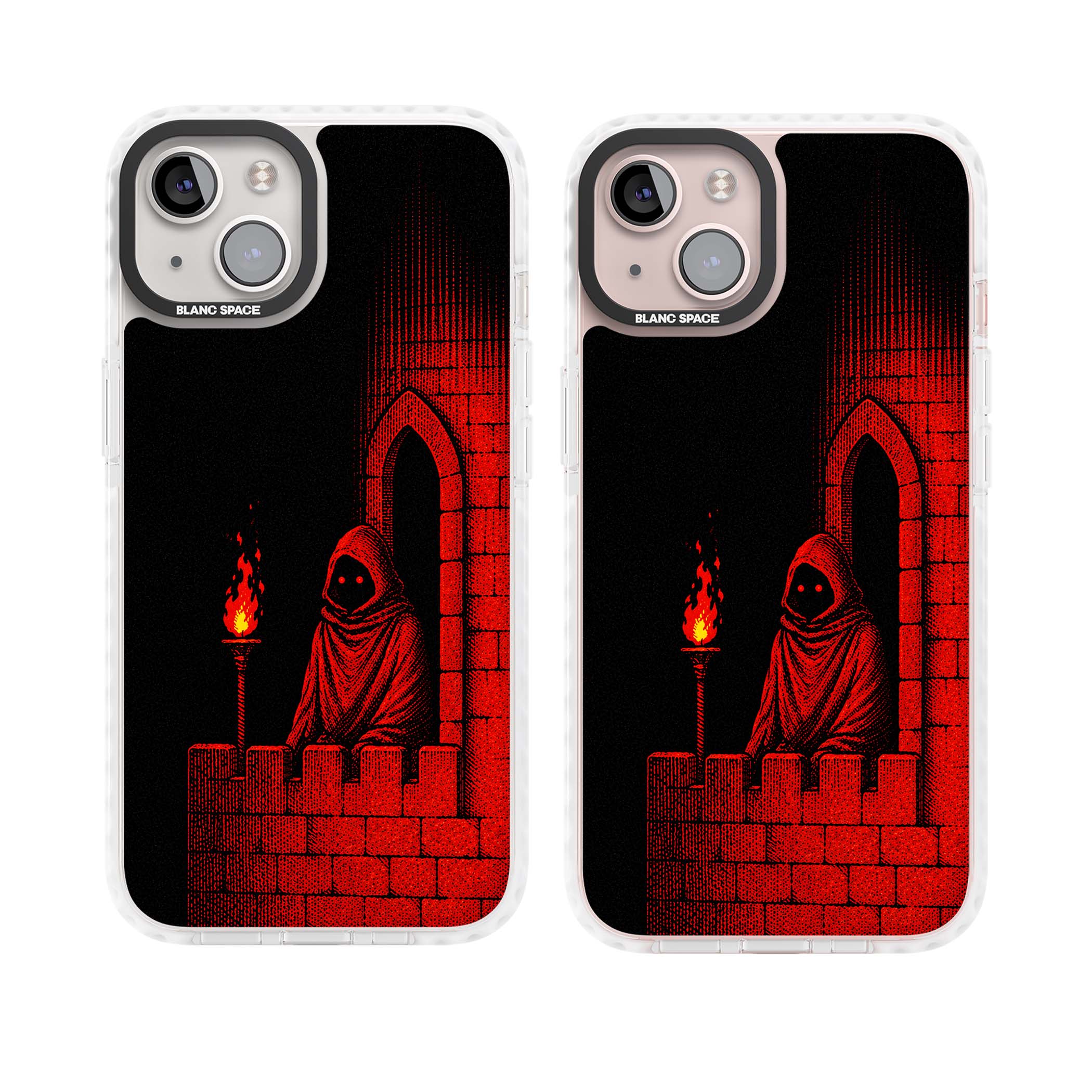 Crimson Crypt gothic iPhone case featuring a hooded reaper, torchlit crypt archway and red halftone horror art | Impact Magsafe case for iPhone 13, iPhone 14, iPhone 15