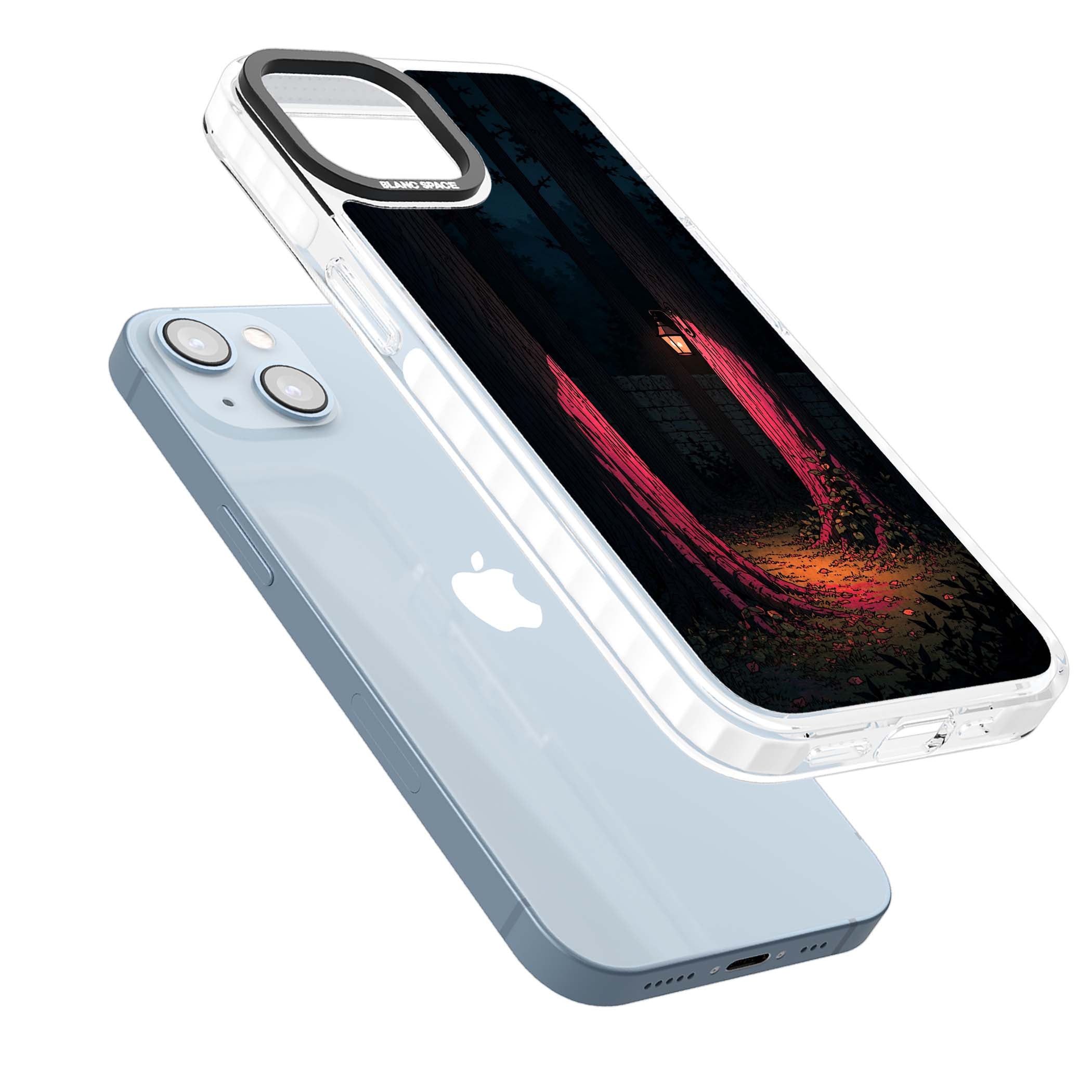 Forest Lantern dark academia iPhone case featuring a moonlit forest, glowing lantern, and stone wall pathway | Impact Magsafe case for iPhone 13, iPhone 14, iPhone 15