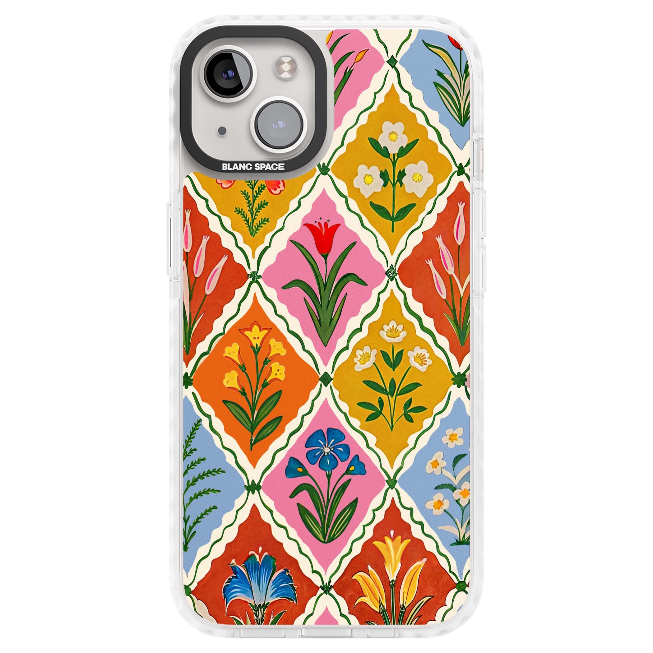 Floral Quilt boho floral iPhone case featuring diamond lattice pattern, hand-painted tulips and folk art wildflowers | Impact Magsafe case for iPhone 13, iPhone 14, iPhone 15